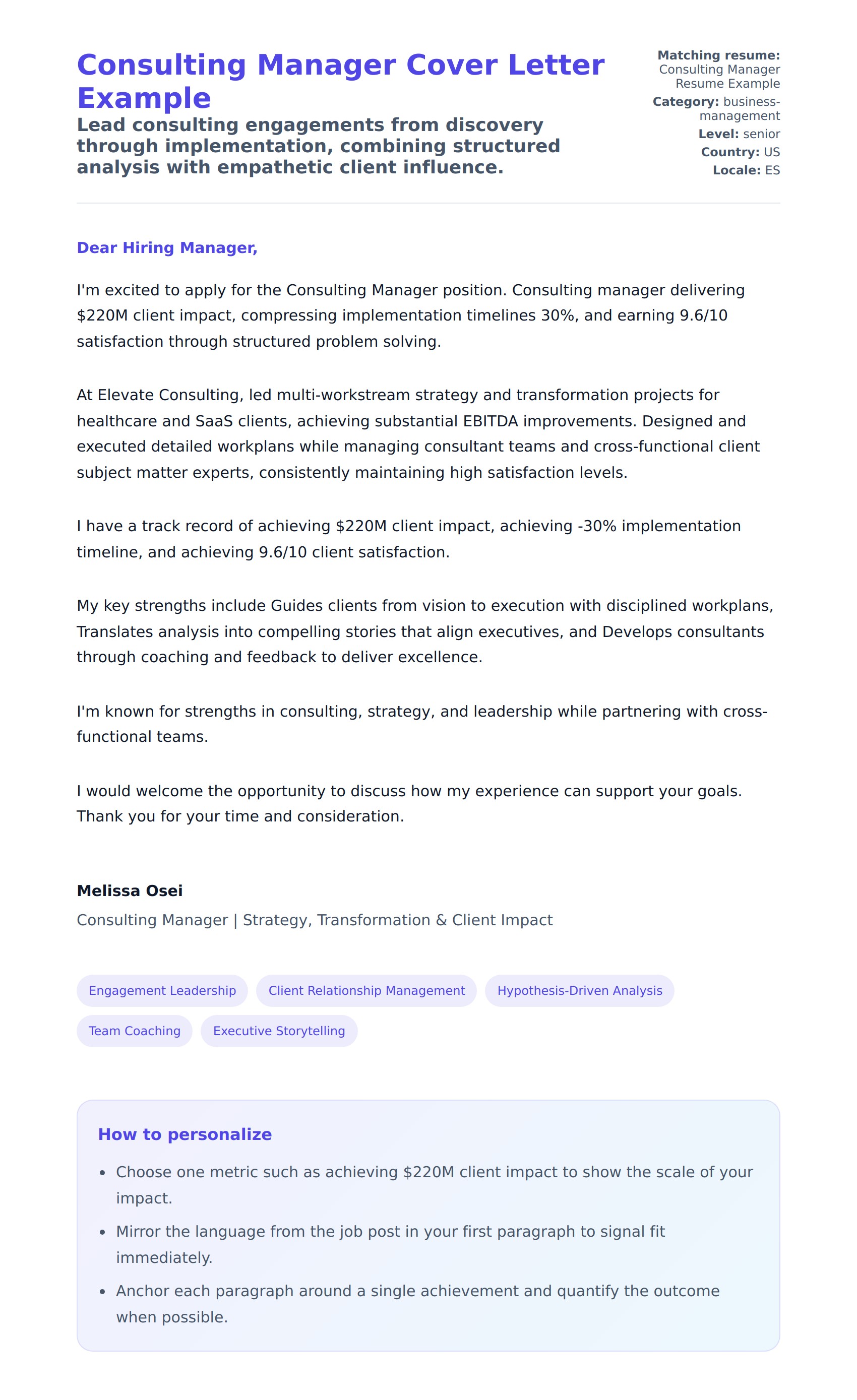 Cover Letter preview for Consulting Manager Cover Letter Example