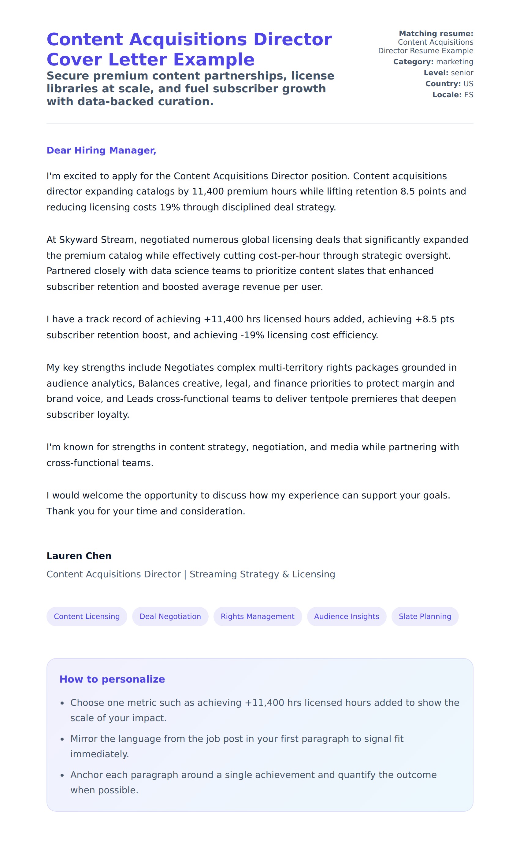 Cover Letter preview for Content Acquisitions Director Cover Letter Example