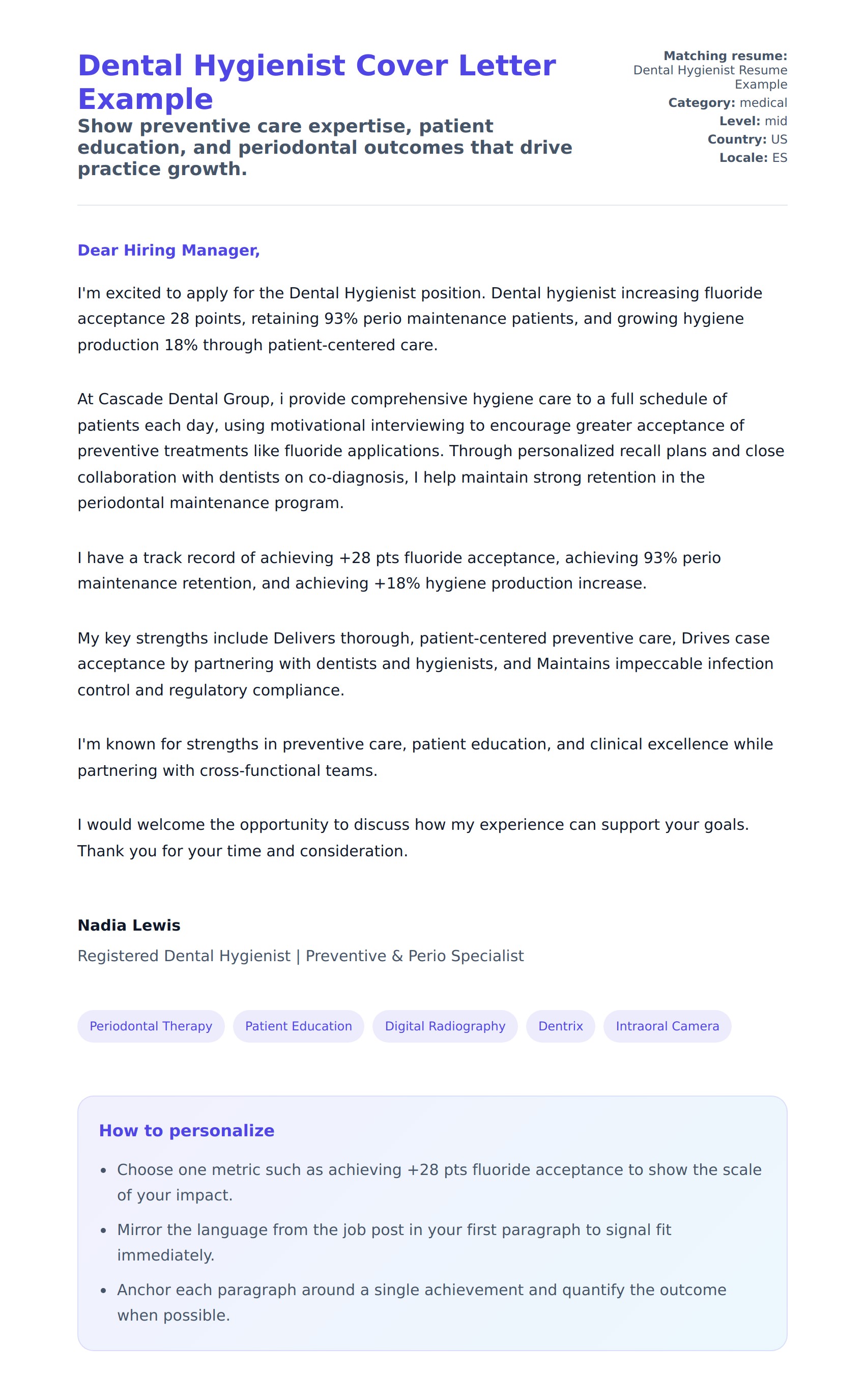 Cover Letter preview for Dental Hygienist Cover Letter Example
