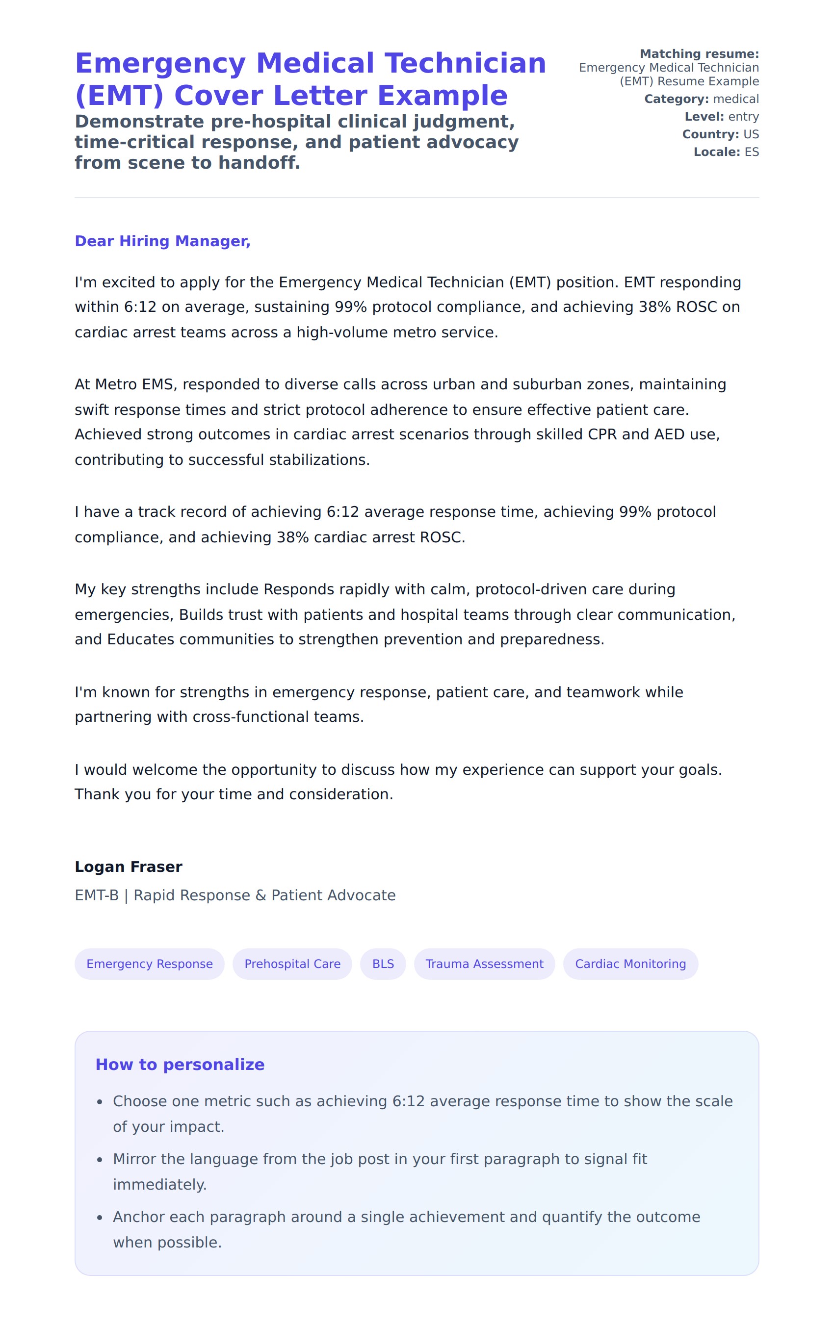 Cover Letter preview for Emergency Medical Technician (EMT) Cover Letter Example