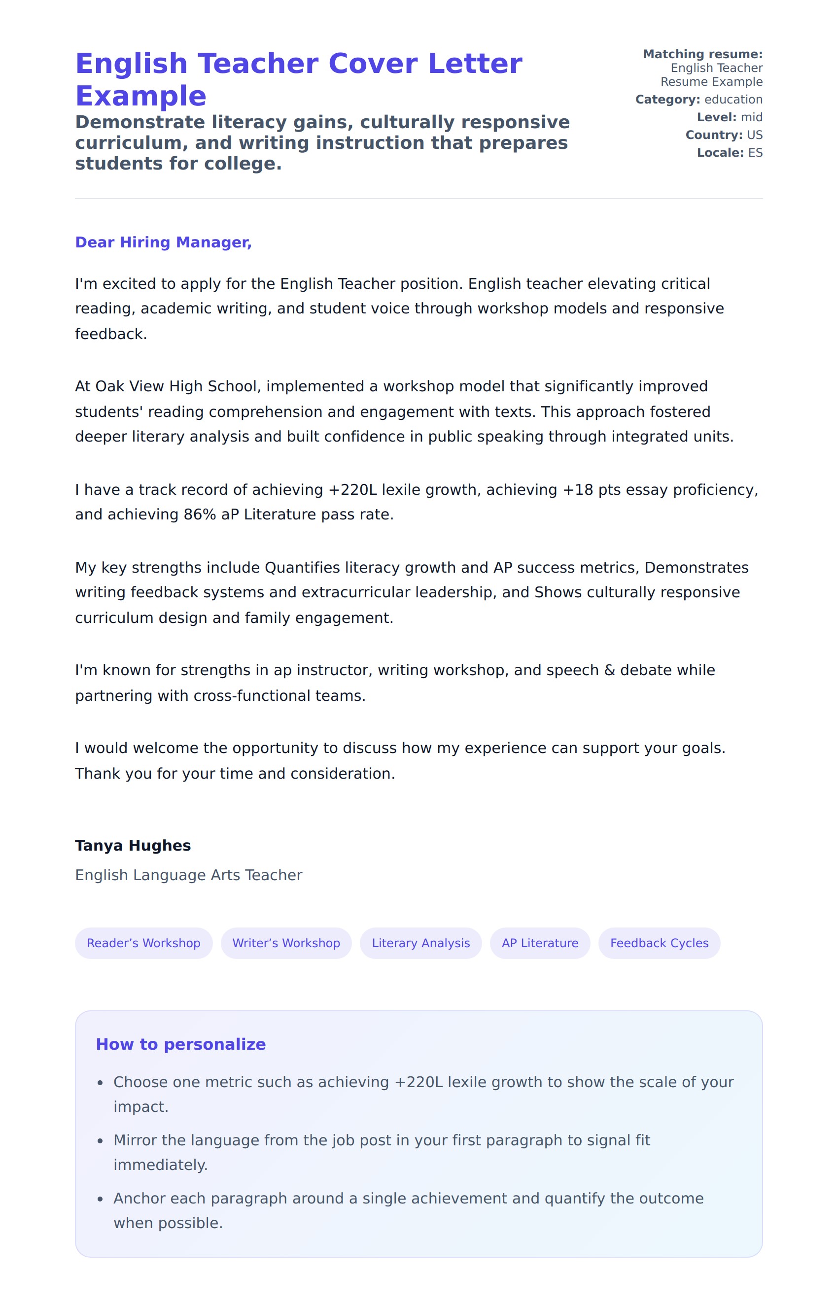 Cover Letter preview for English Teacher Cover Letter Example
