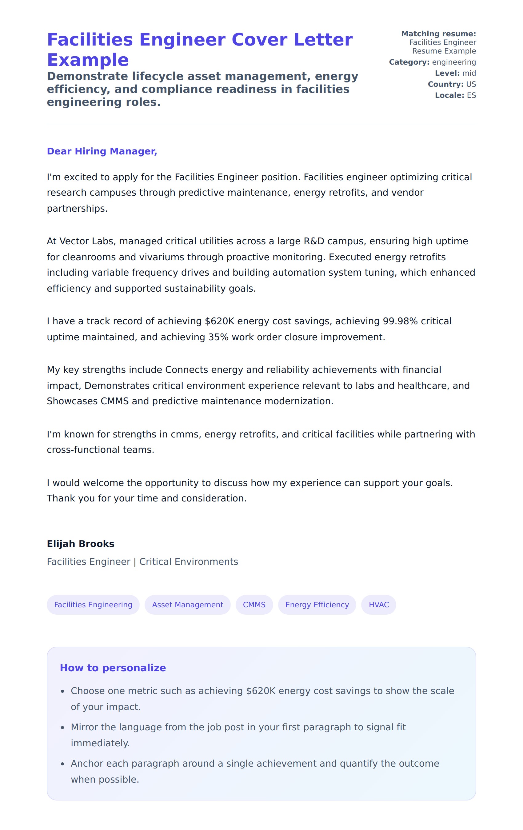 Cover Letter preview for Facilities Engineer Cover Letter Example
