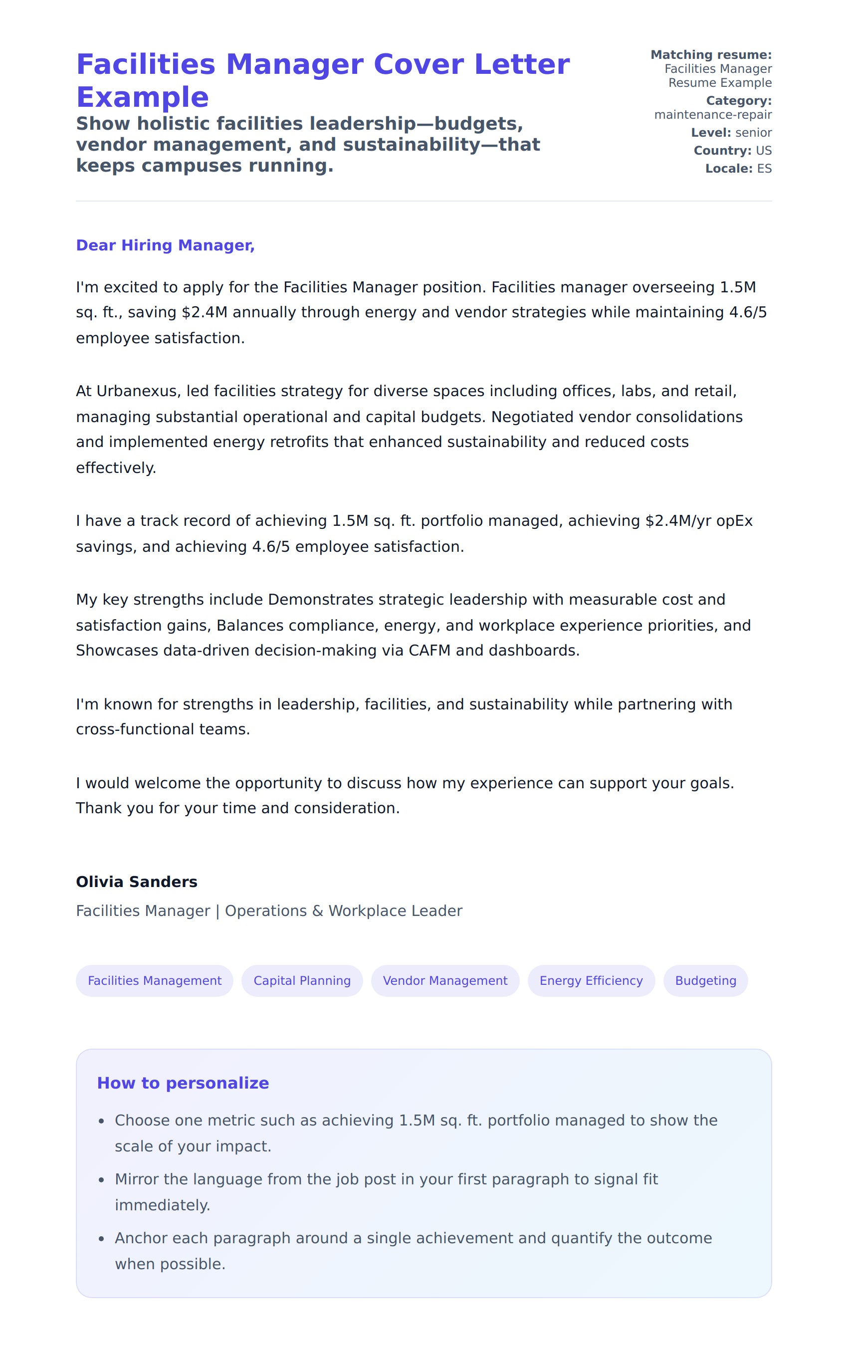 Cover Letter preview for Facilities Manager Cover Letter Example