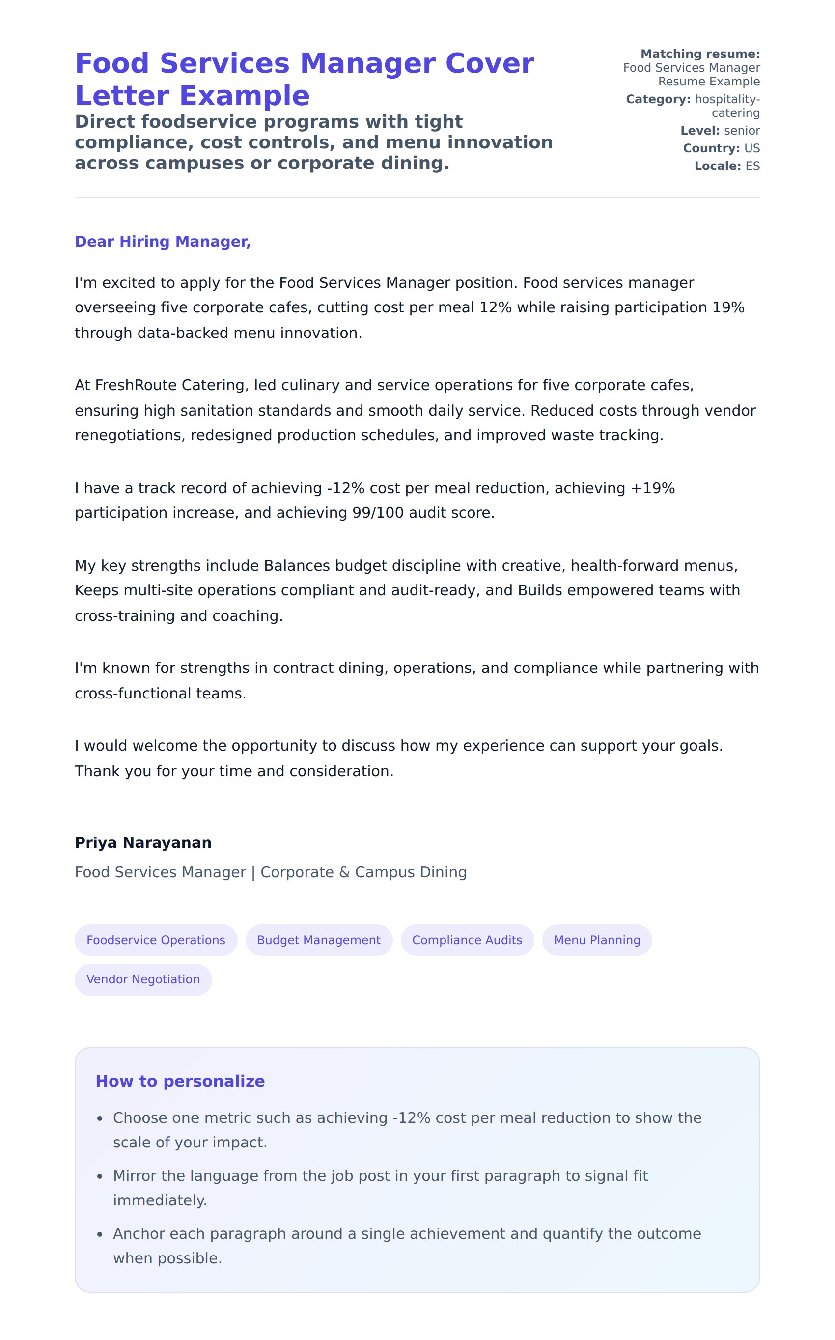 Cover Letter preview for Food Services Manager Cover Letter Example