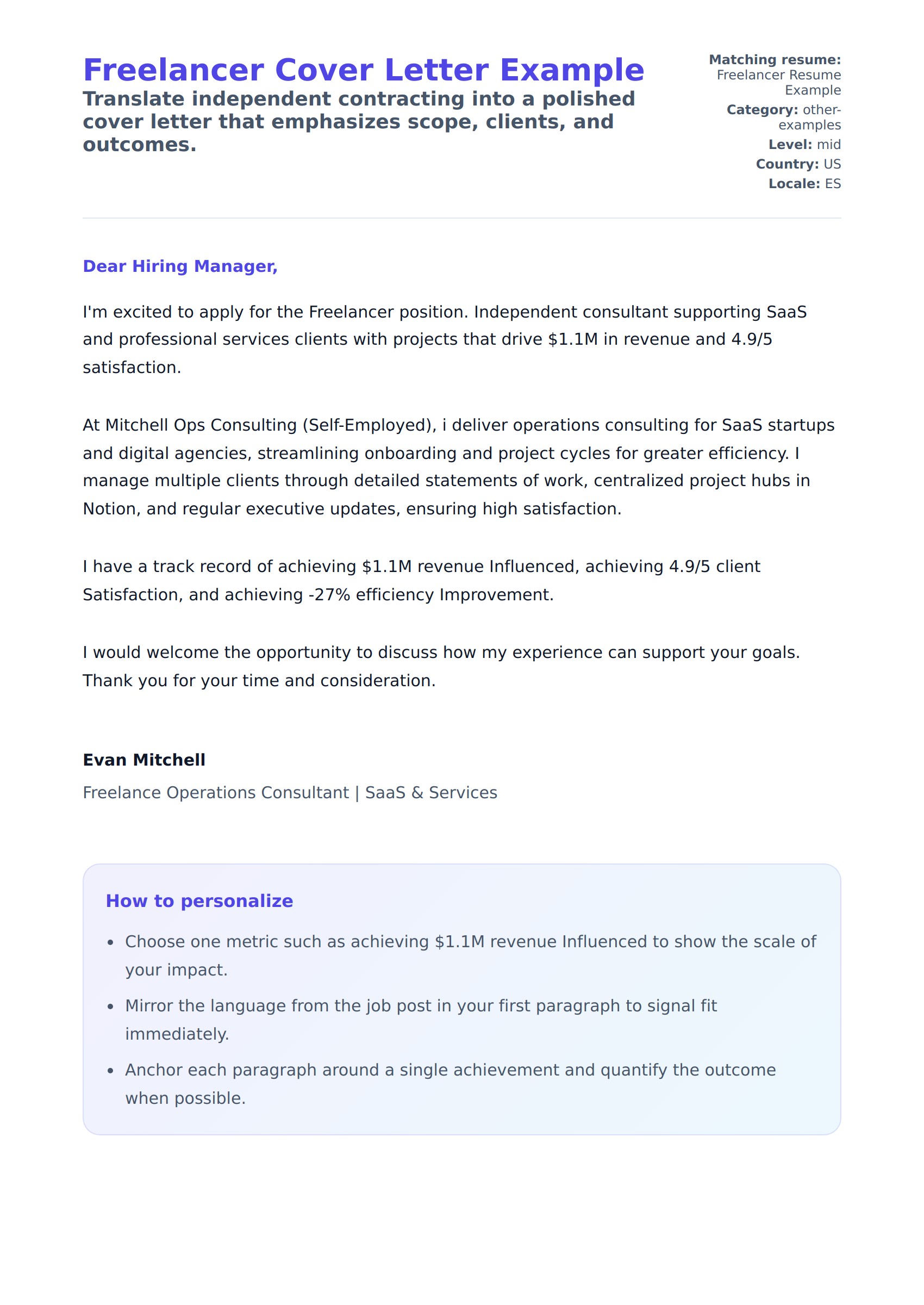 Cover Letter preview for Freelancer Cover Letter Example