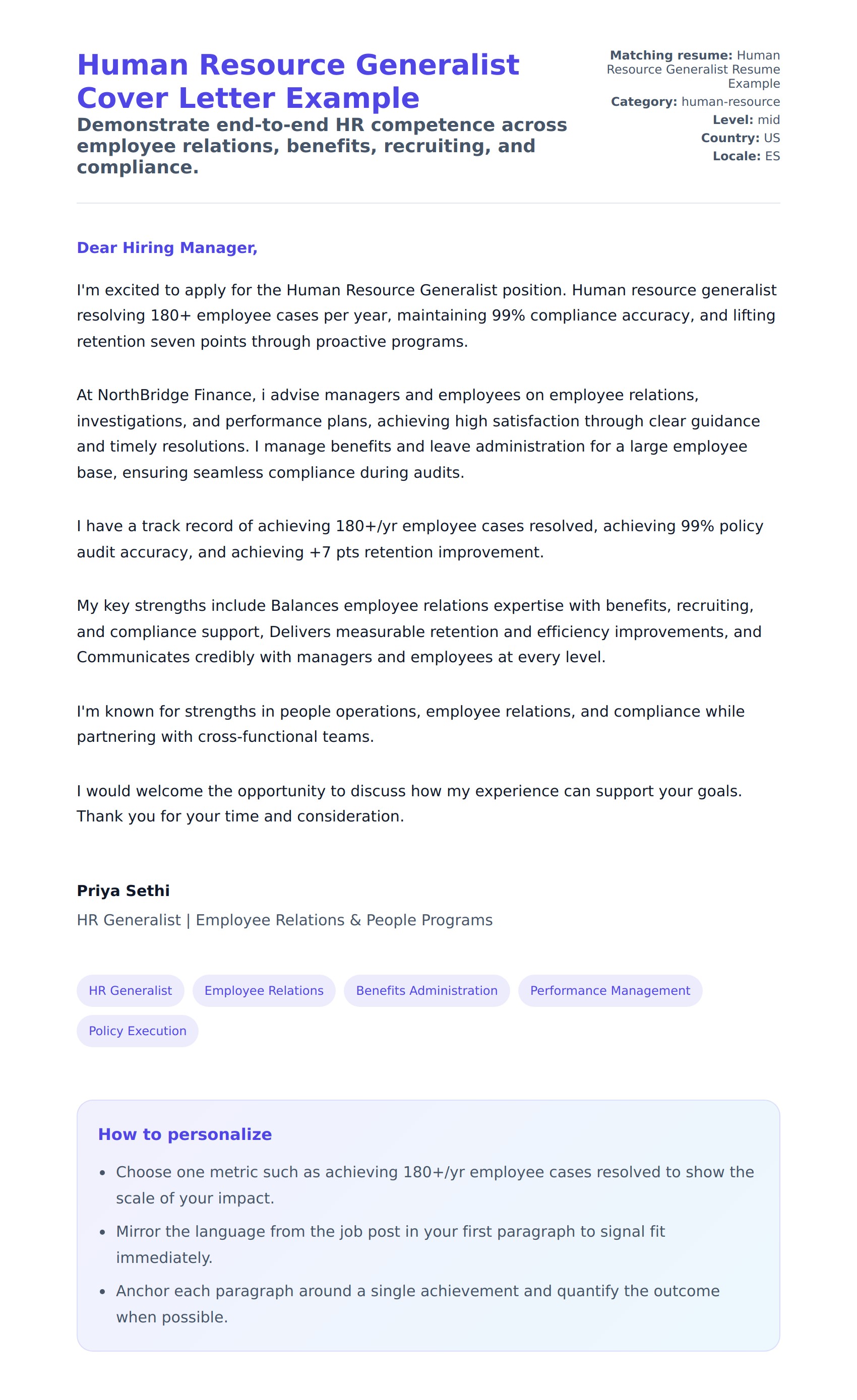 Cover Letter preview for Human Resource Generalist Cover Letter Example
