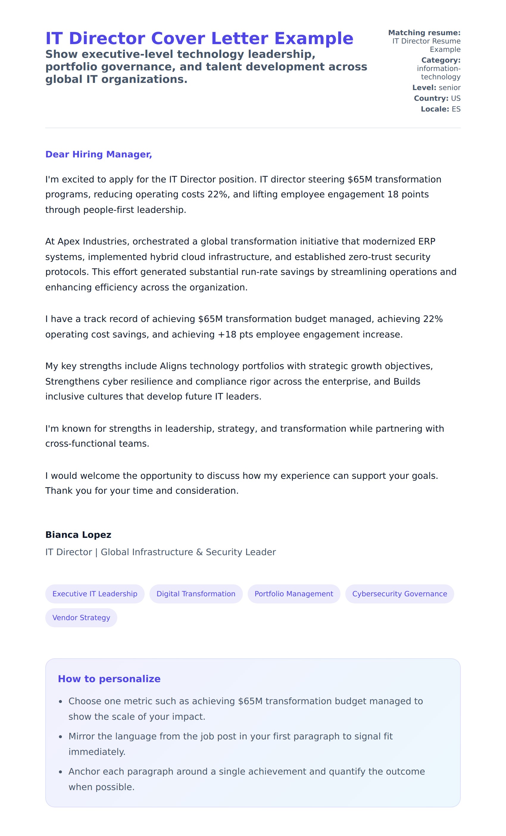 Cover Letter preview for IT Director Cover Letter Example