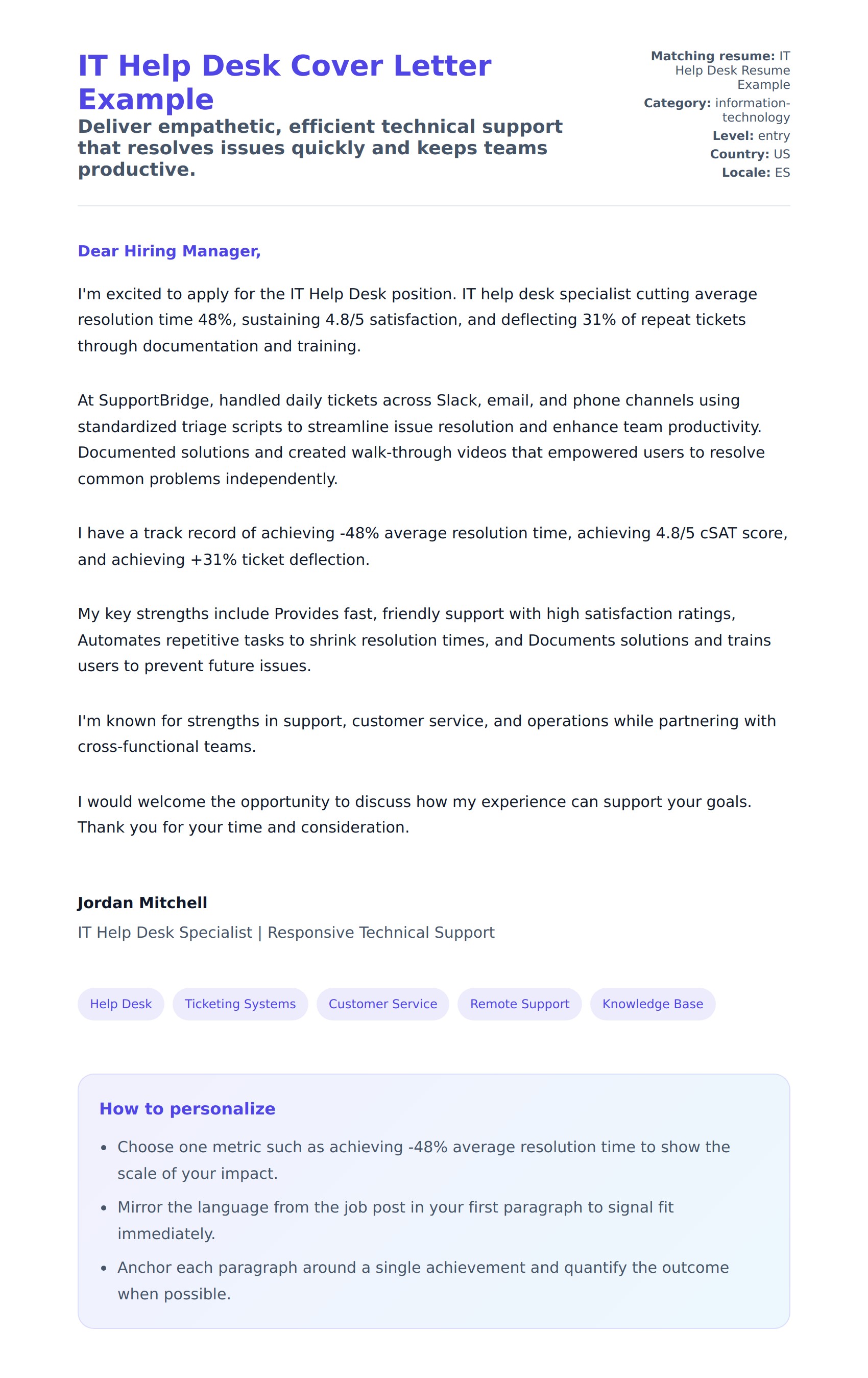 Cover Letter preview for IT Help Desk Cover Letter Example