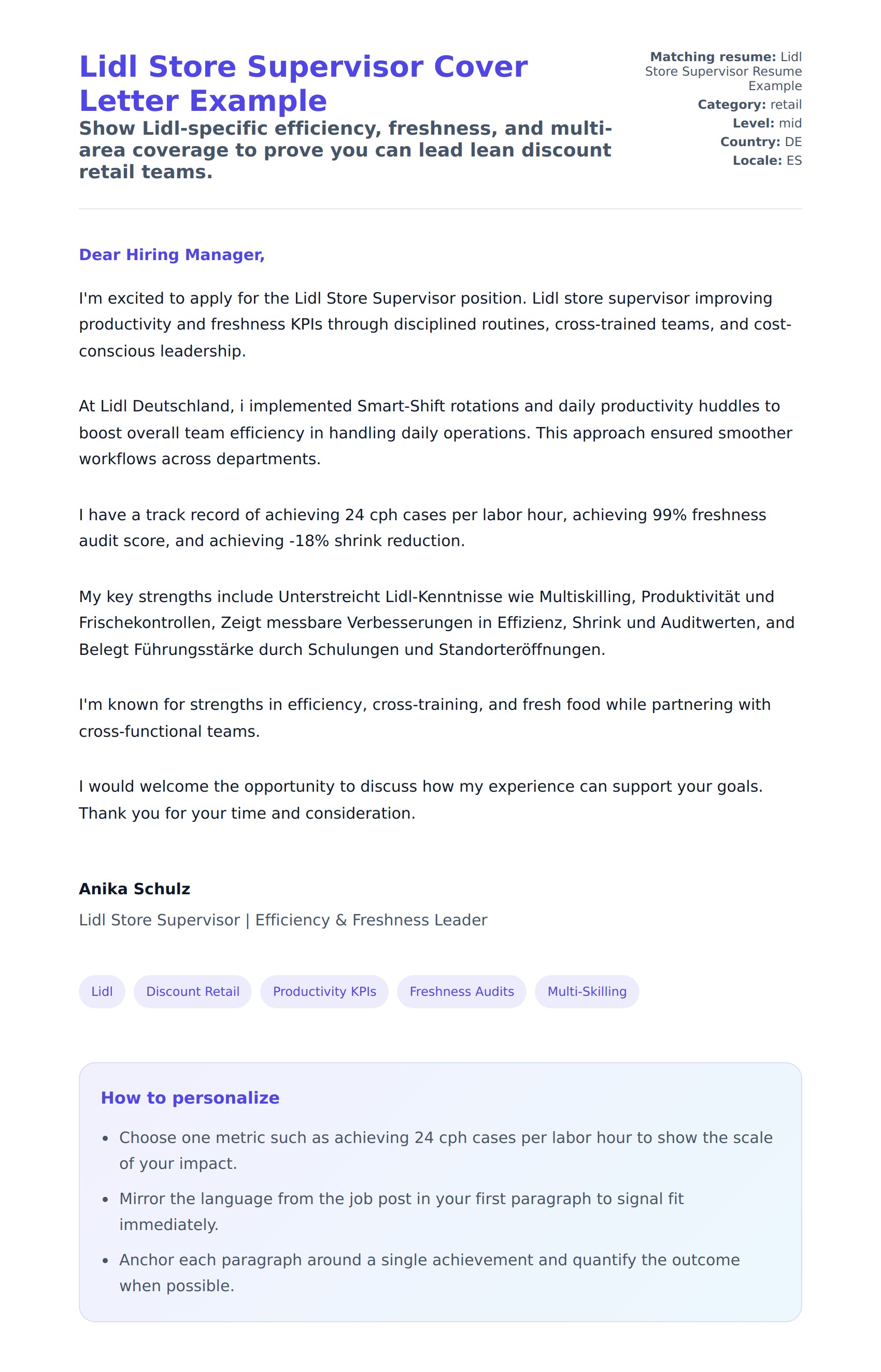 Cover Letter preview for Lidl Store Supervisor Cover Letter Example