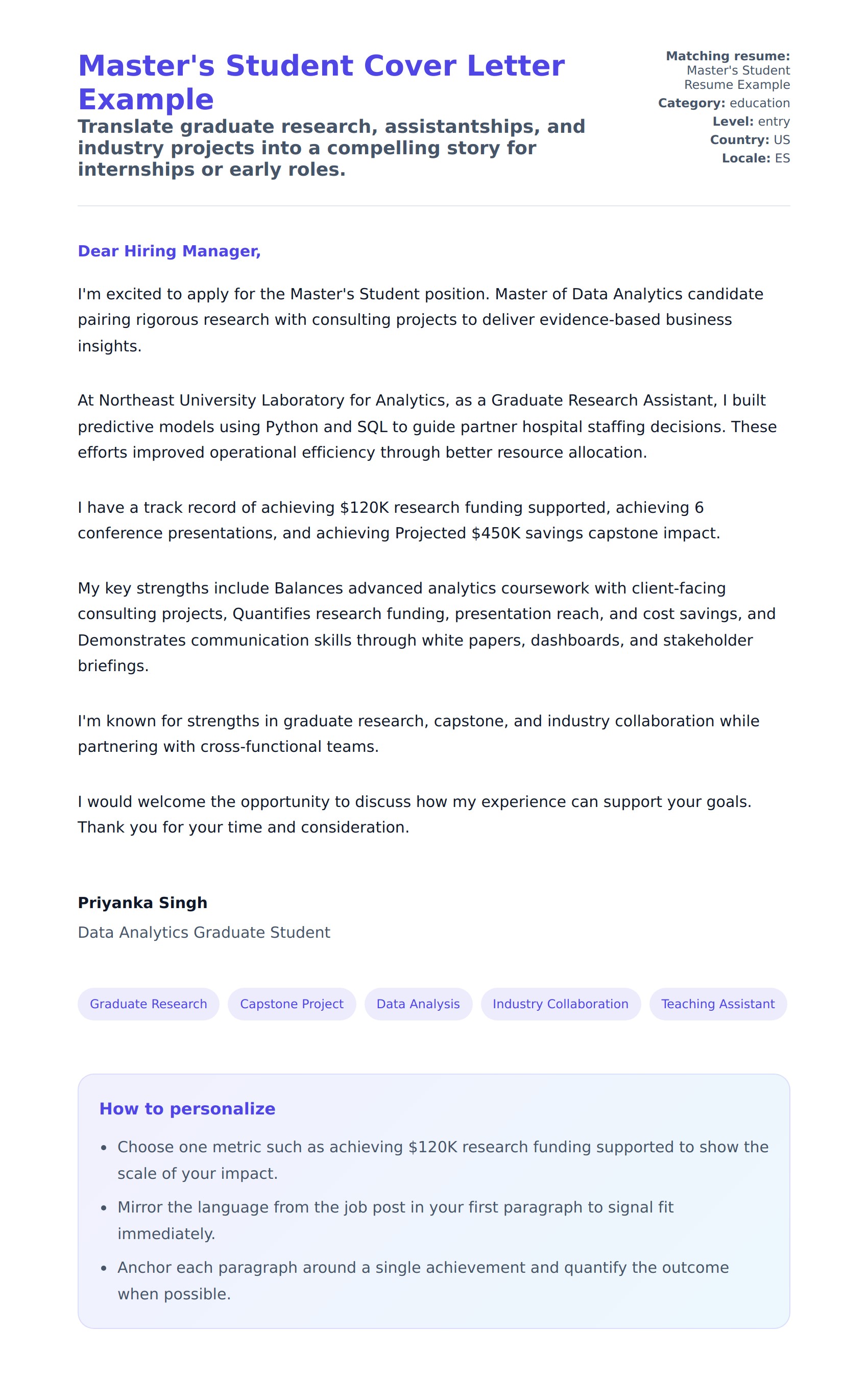 Cover Letter preview for Master's Student Cover Letter Example