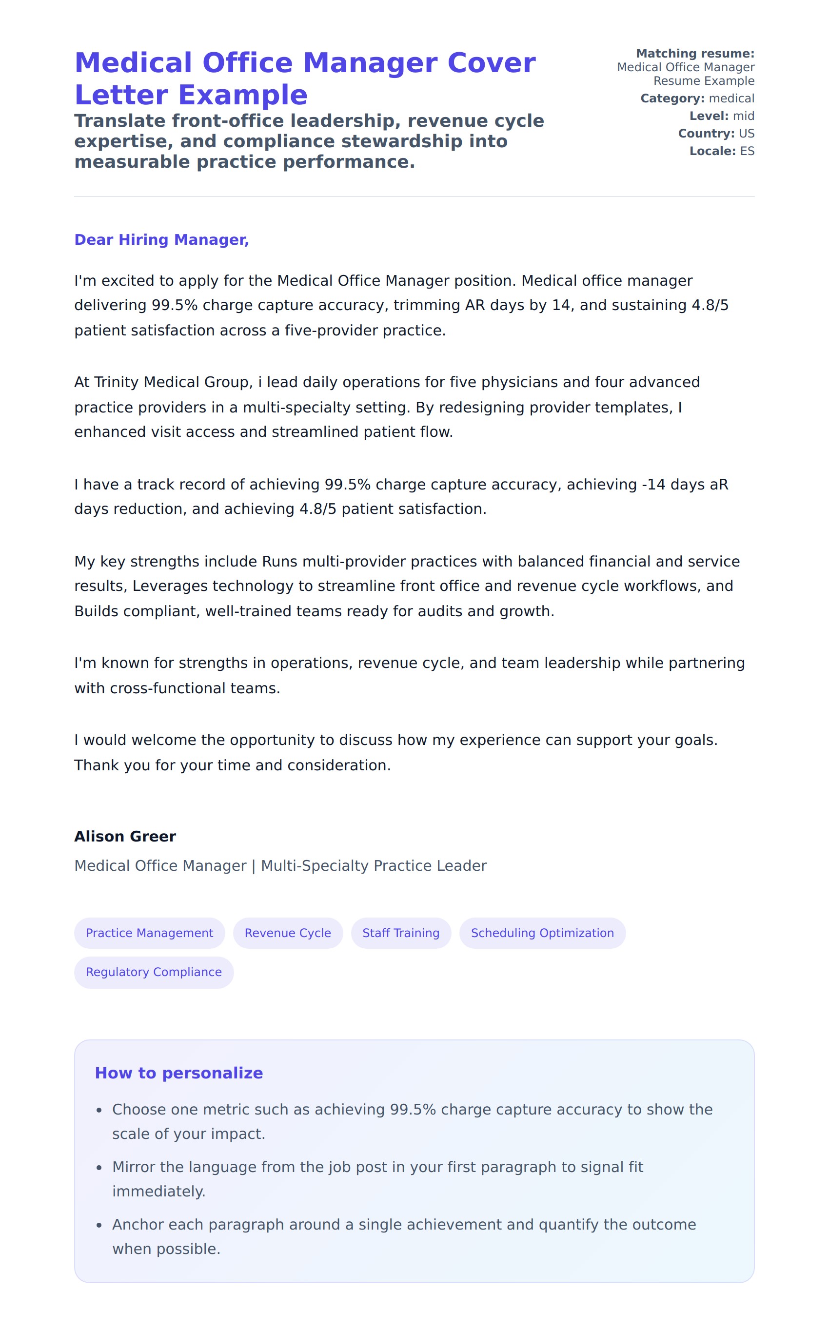 Cover Letter preview for Medical Office Manager Cover Letter Example
