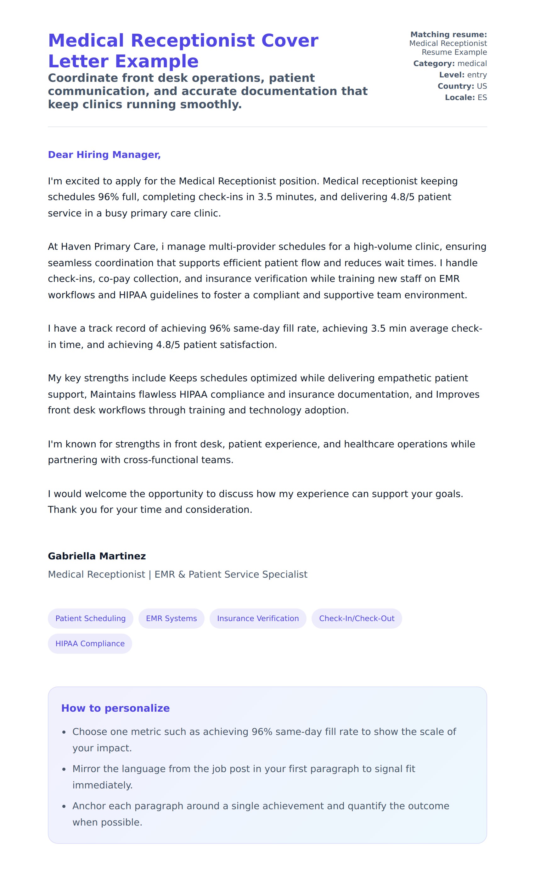 Cover Letter preview for Medical Receptionist Cover Letter Example