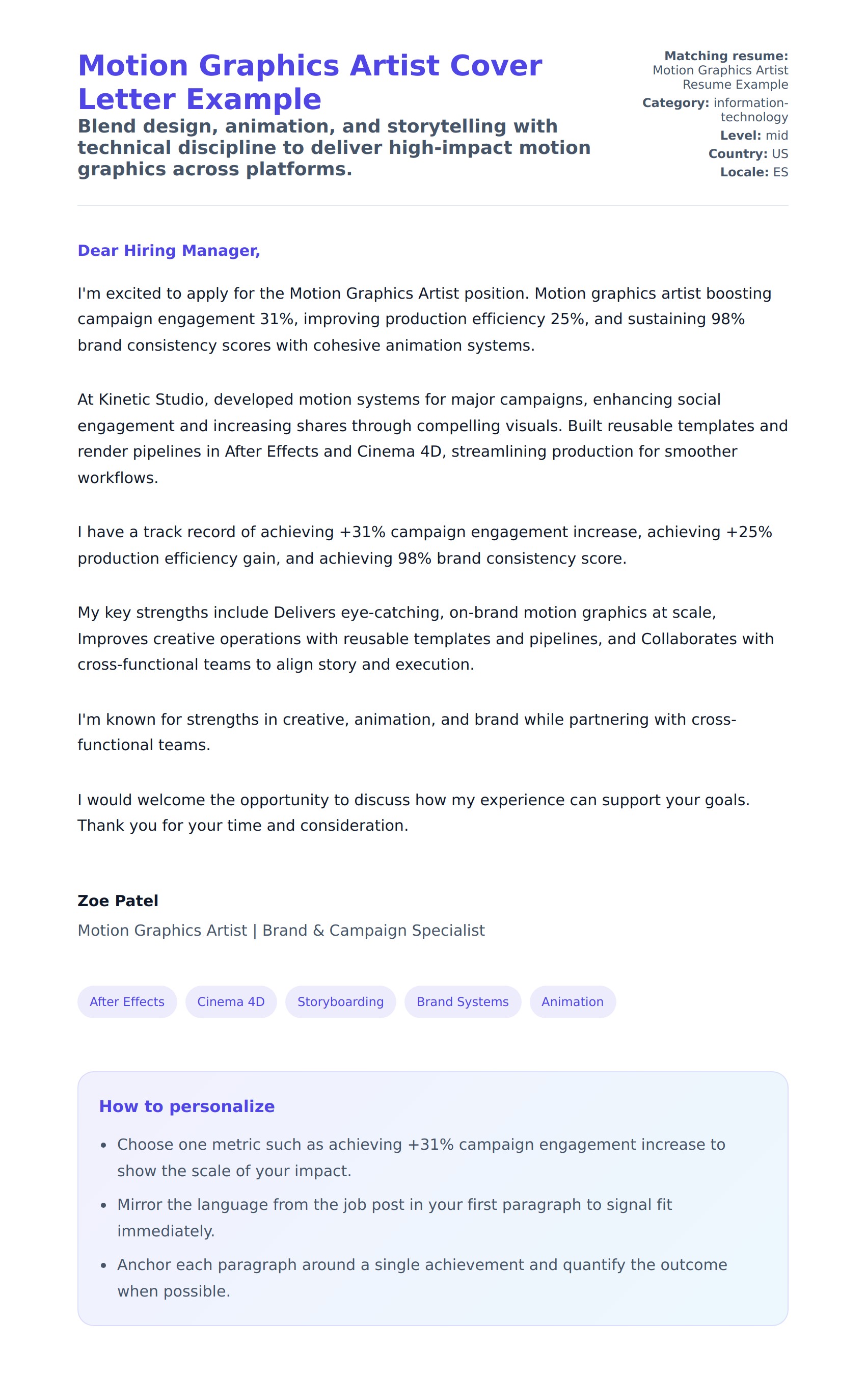 Cover Letter preview for Motion Graphics Artist Cover Letter Example