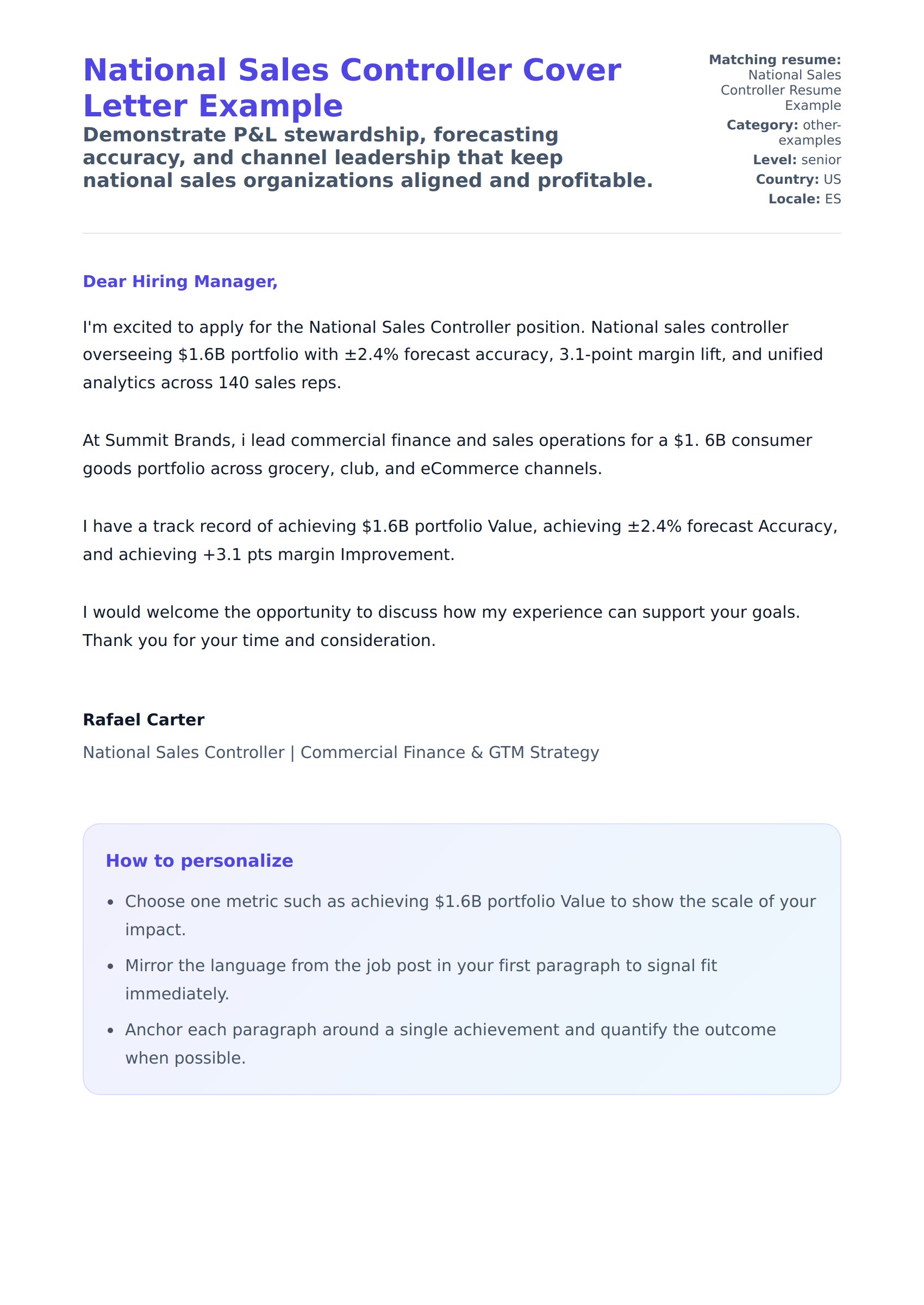 Cover Letter preview for National Sales Controller Cover Letter Example