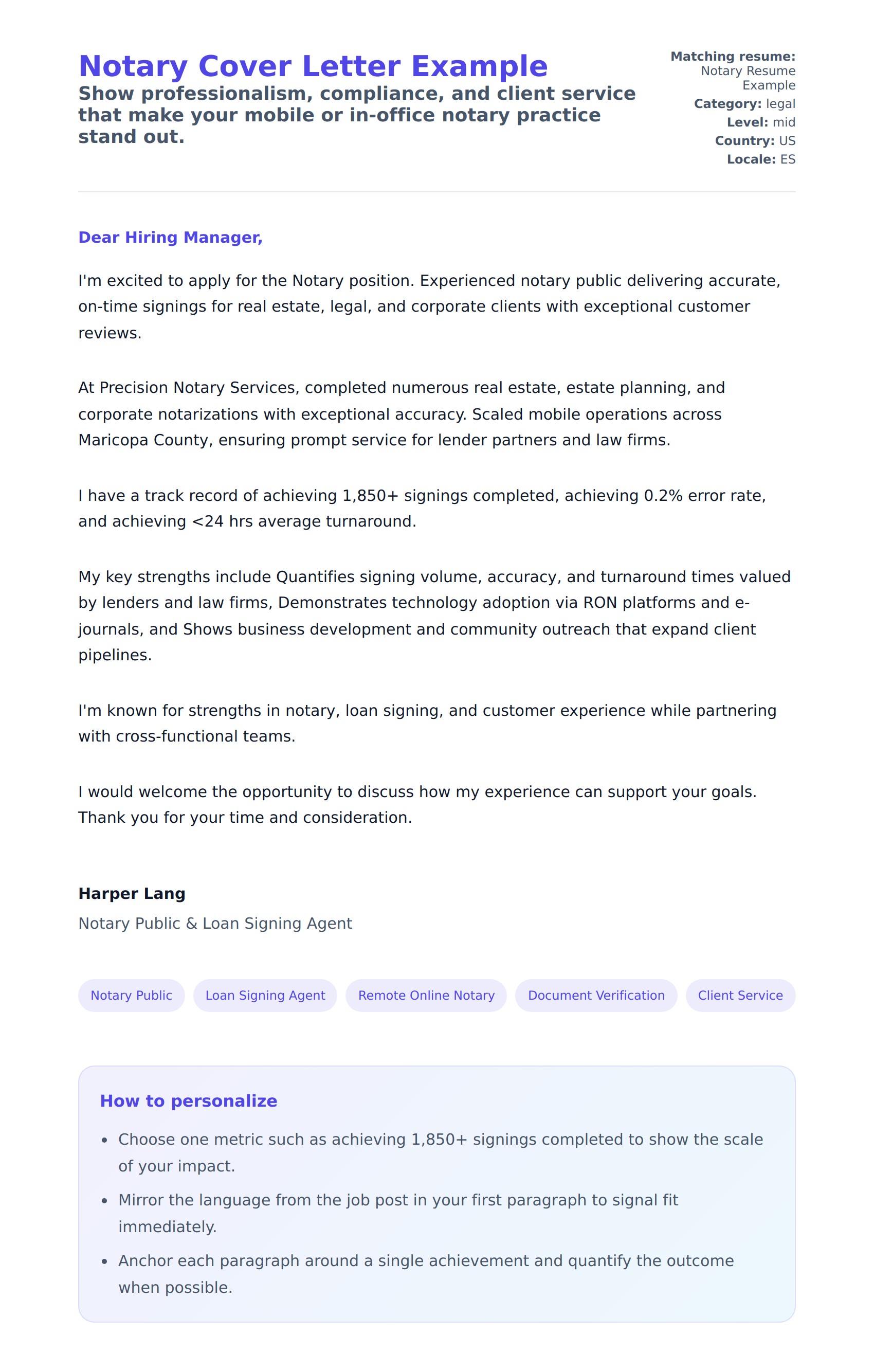 Cover Letter preview for Notary Cover Letter Example