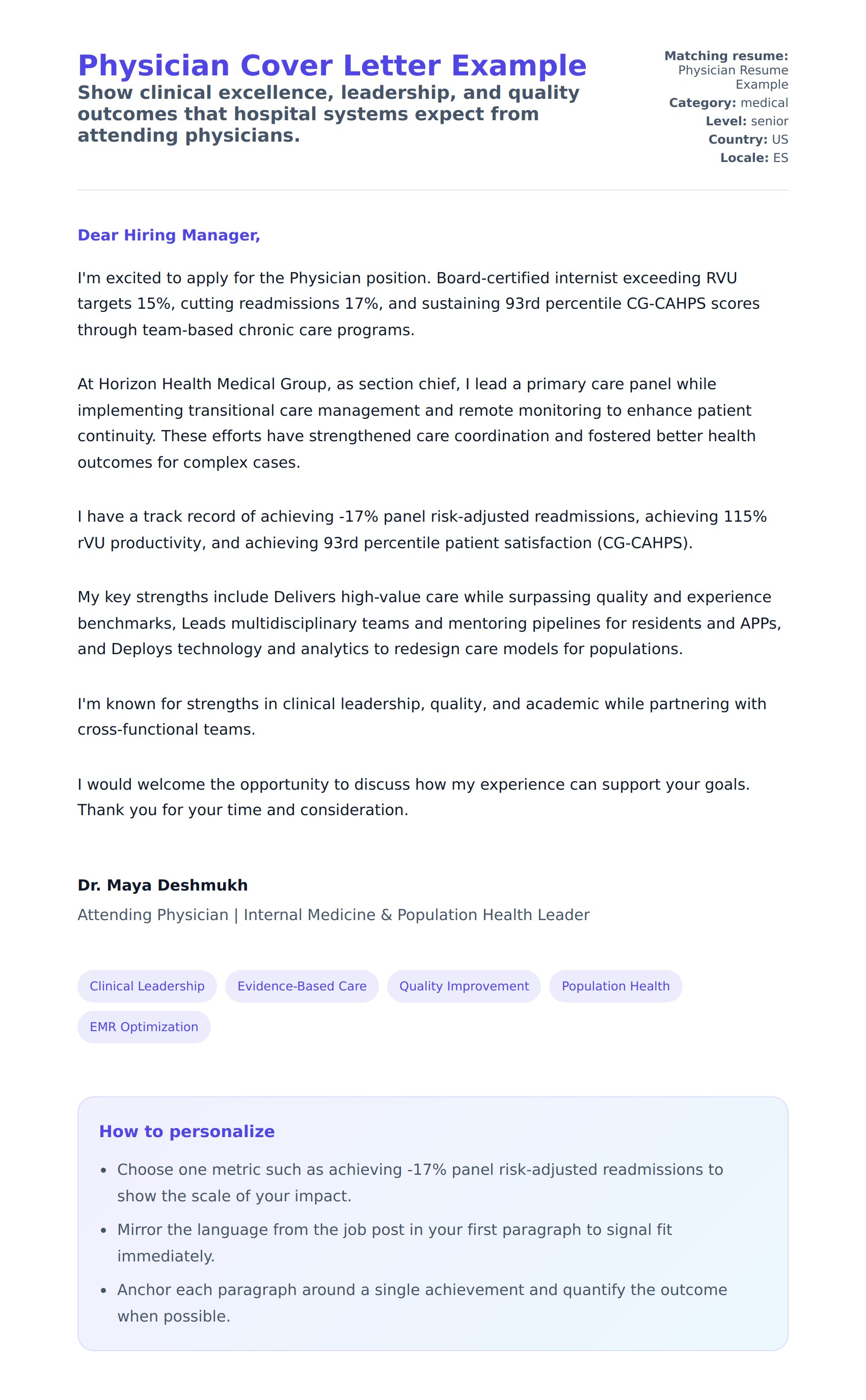 Cover Letter preview for Physician Cover Letter Example