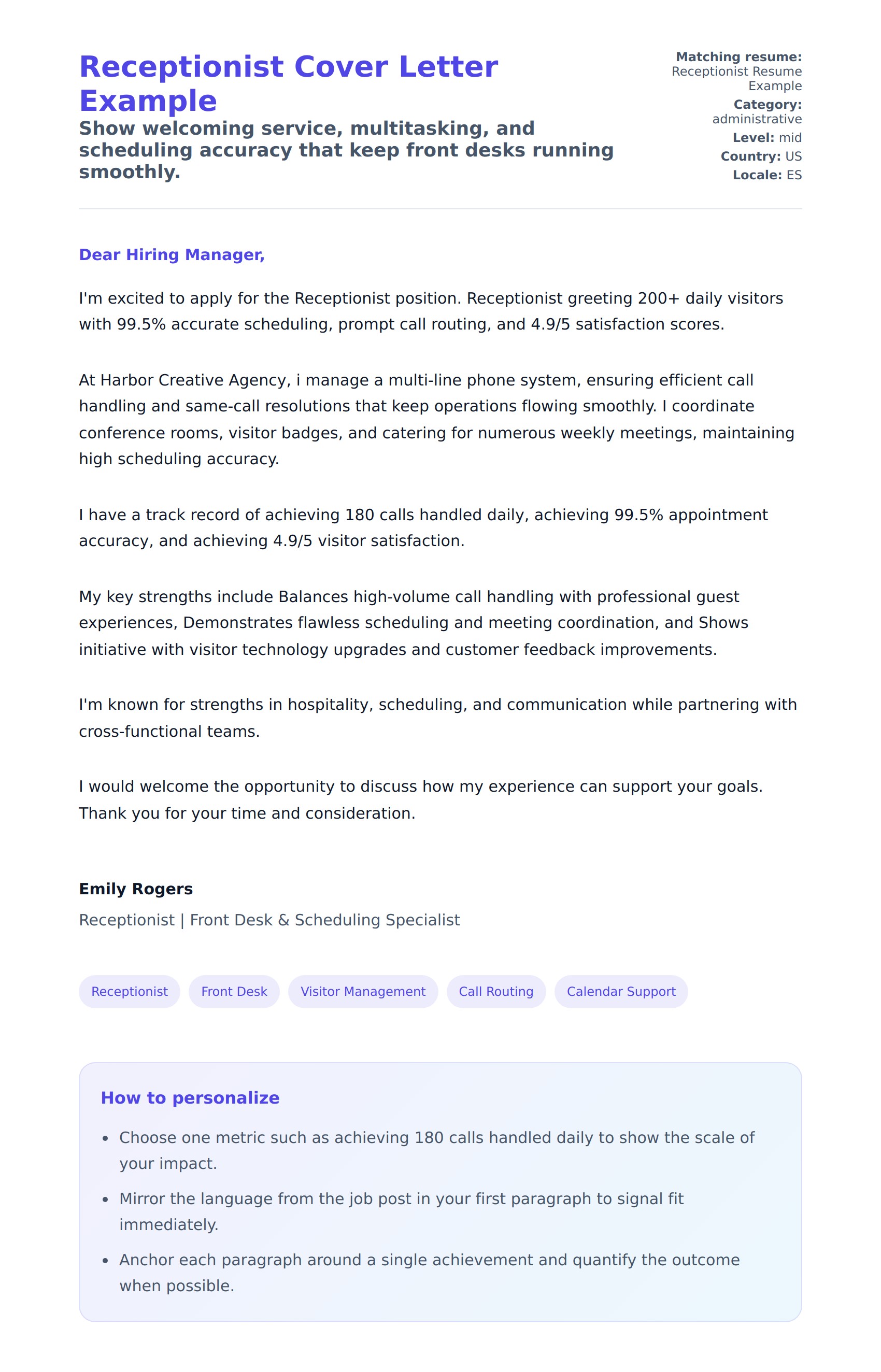 Cover Letter preview for Receptionist Cover Letter Example