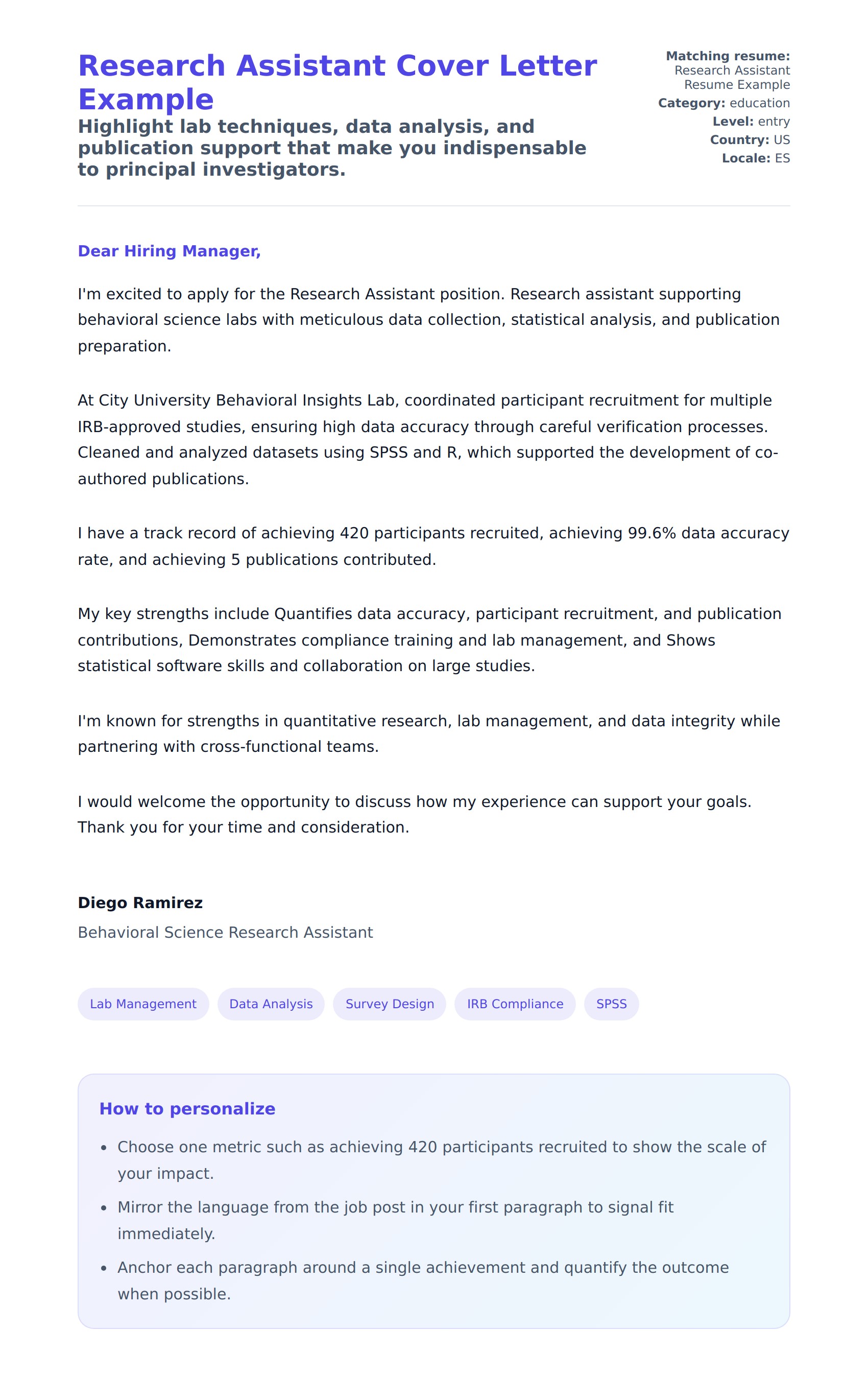 Cover Letter preview for Research Assistant Cover Letter Example