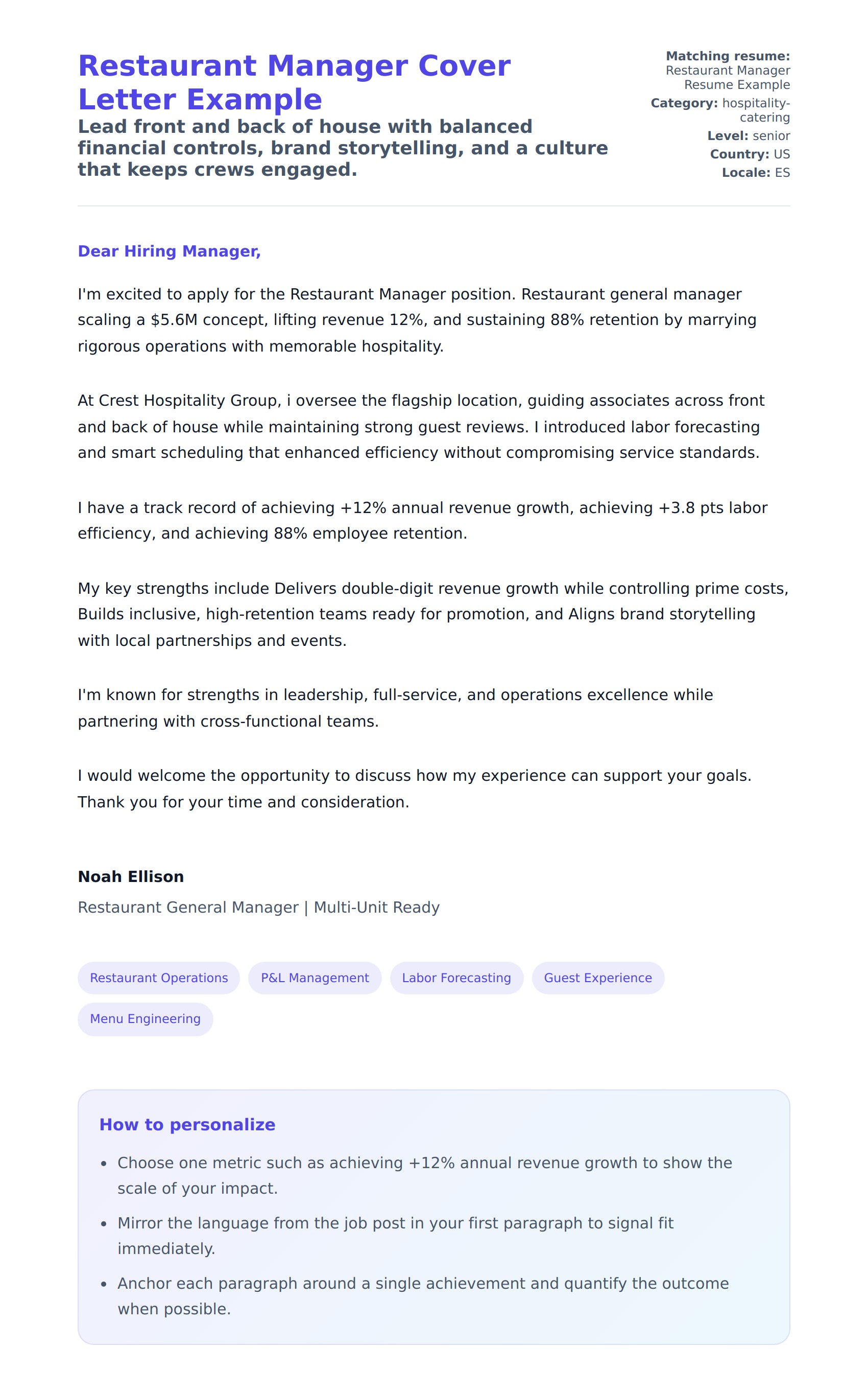 Cover Letter preview for Restaurant Manager Cover Letter Example