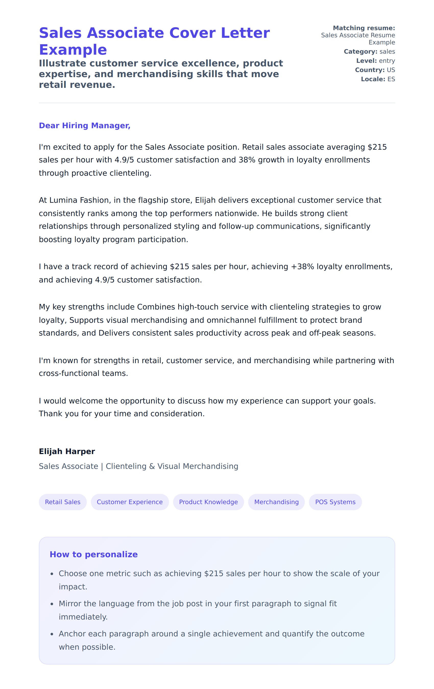 Cover Letter preview for Sales Associate Cover Letter Example