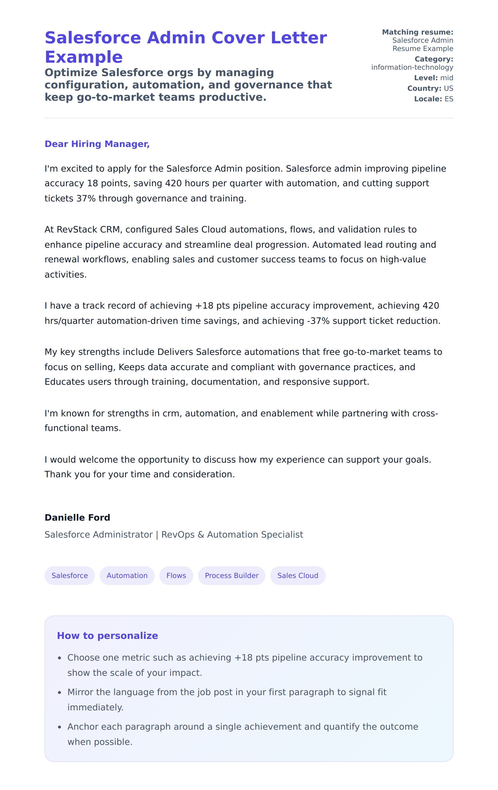 Cover Letter preview for Salesforce Admin Cover Letter Example