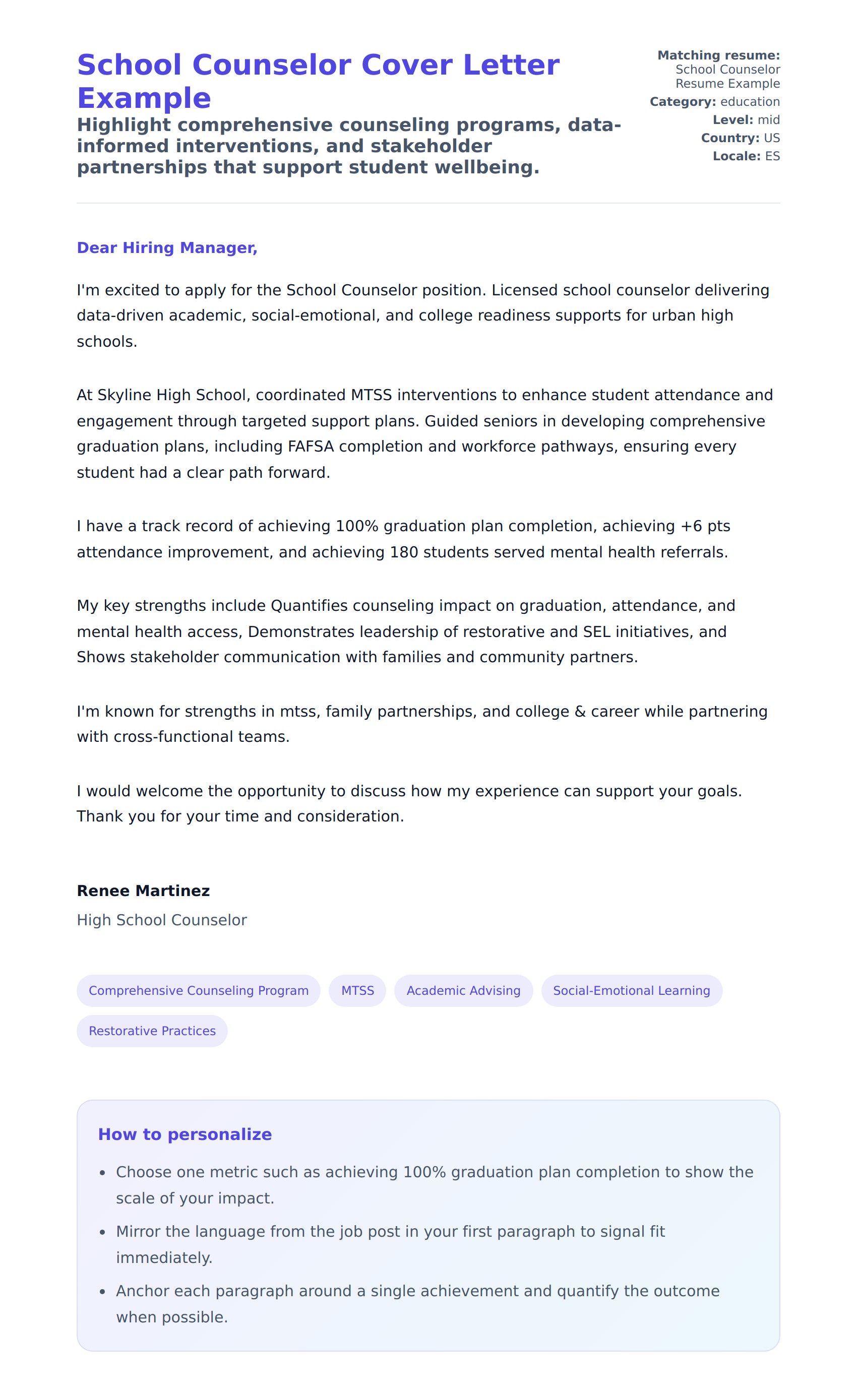 Cover Letter preview for School Counselor Cover Letter Example