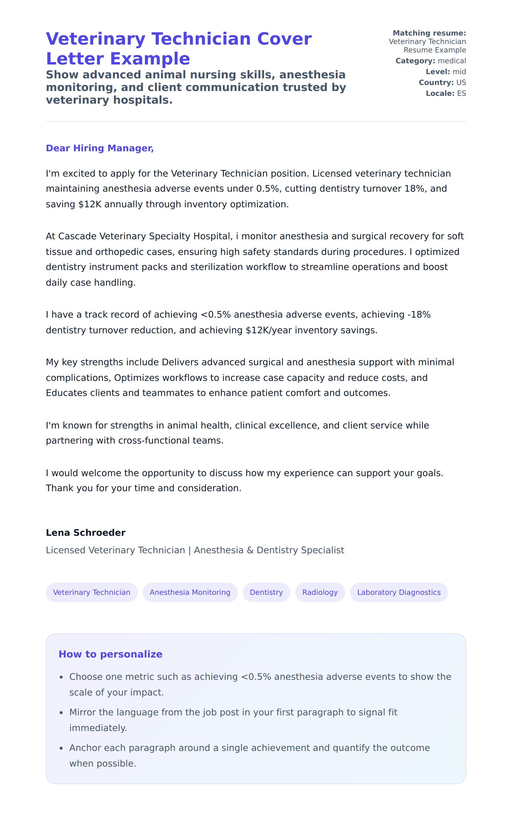 Cover Letter preview for Veterinary Technician Cover Letter Example