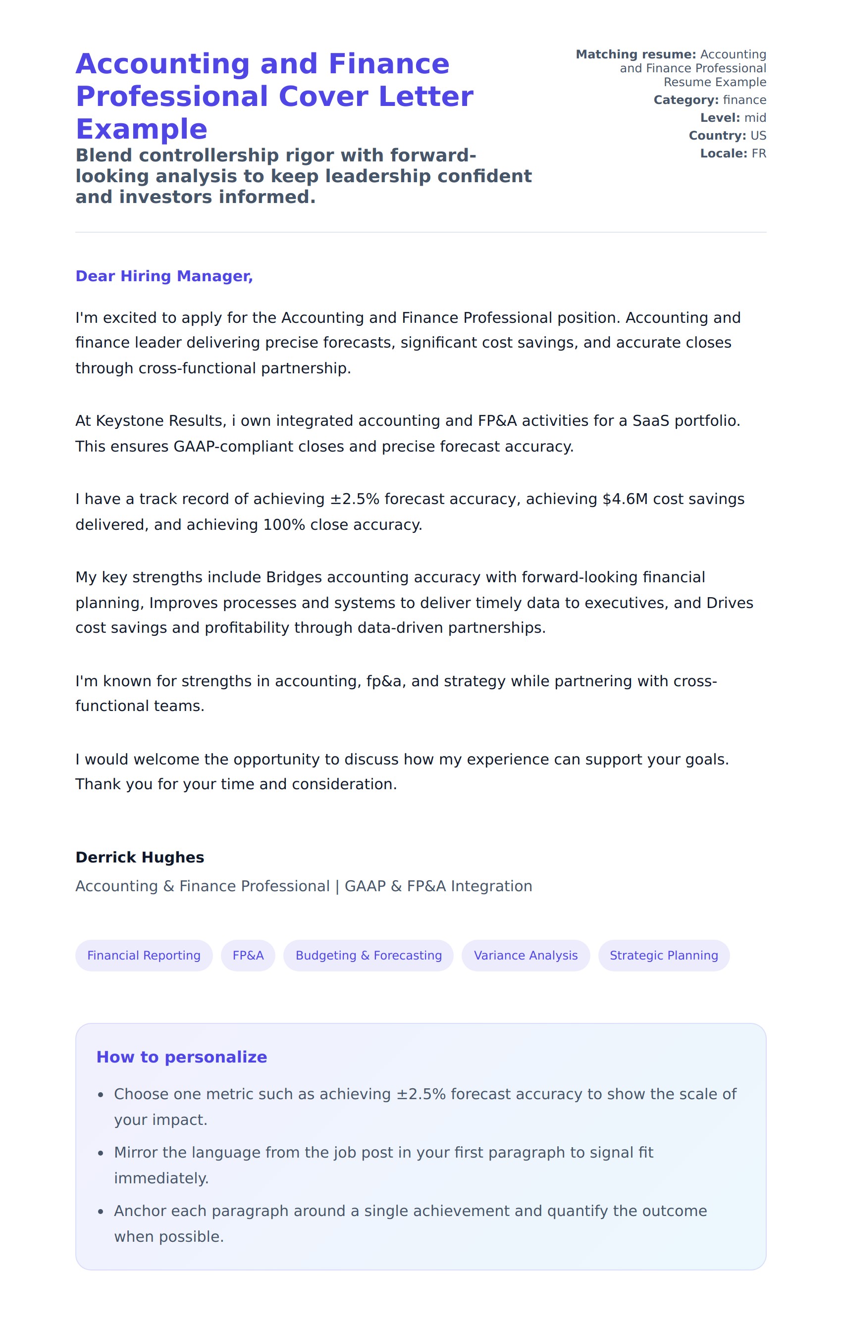 Cover Letter preview for Accounting and Finance Professional Cover Letter Example