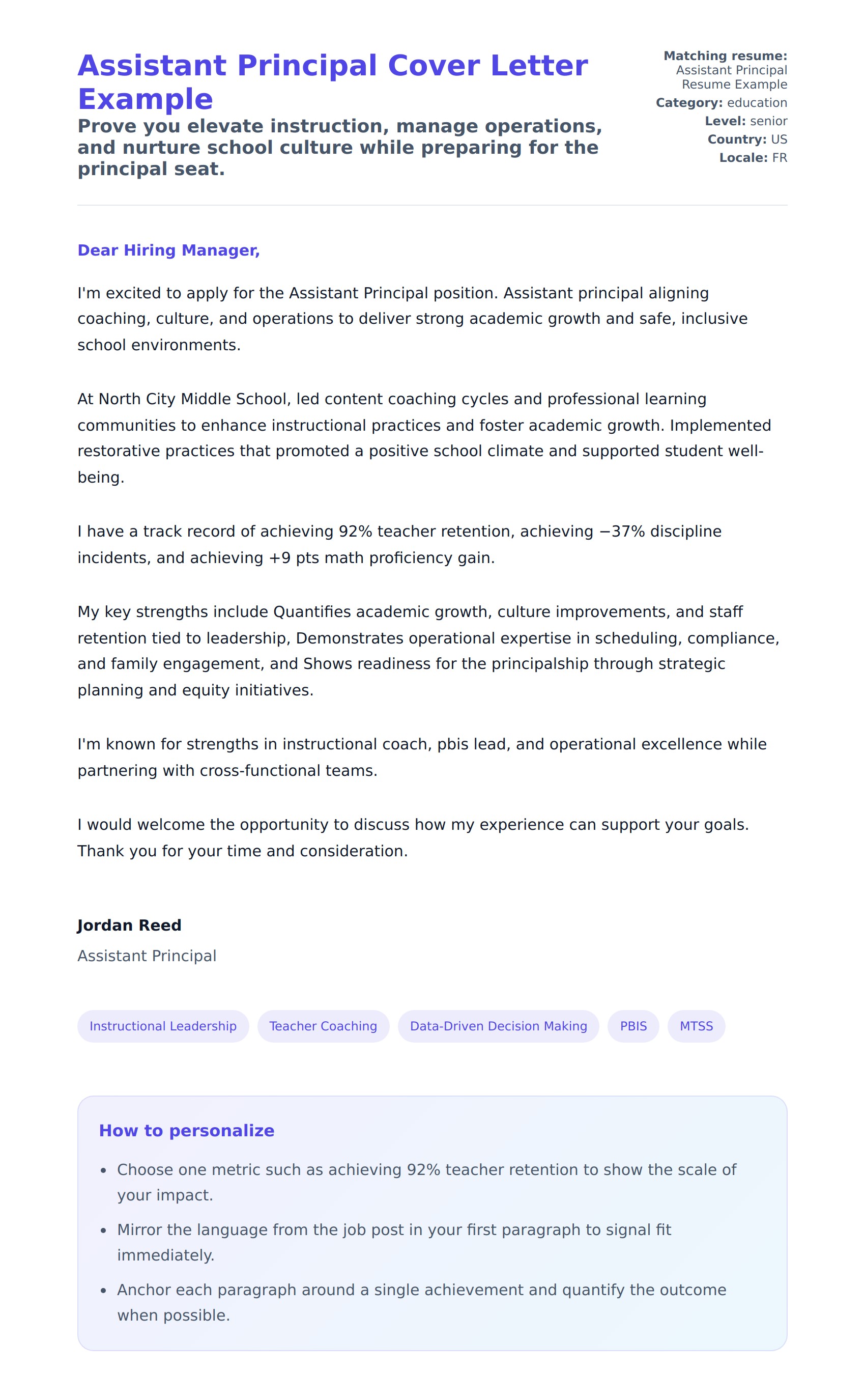 Cover Letter preview for Assistant Principal Cover Letter Example