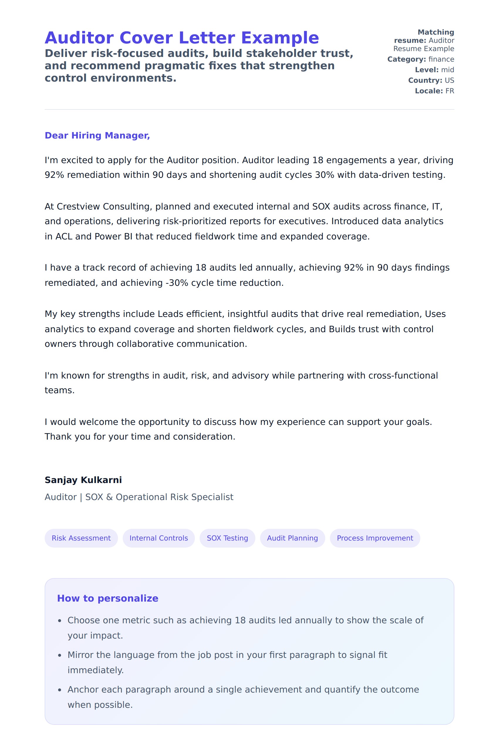 Cover Letter preview for Auditor Cover Letter Example