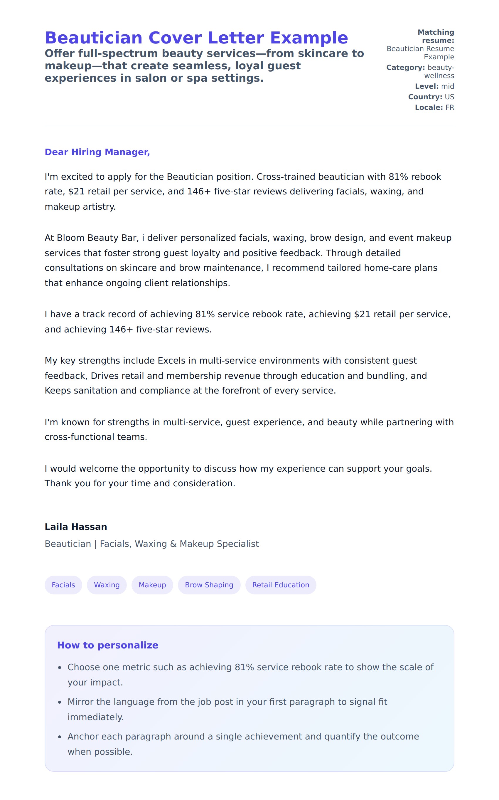 Cover Letter preview for Beautician Cover Letter Example