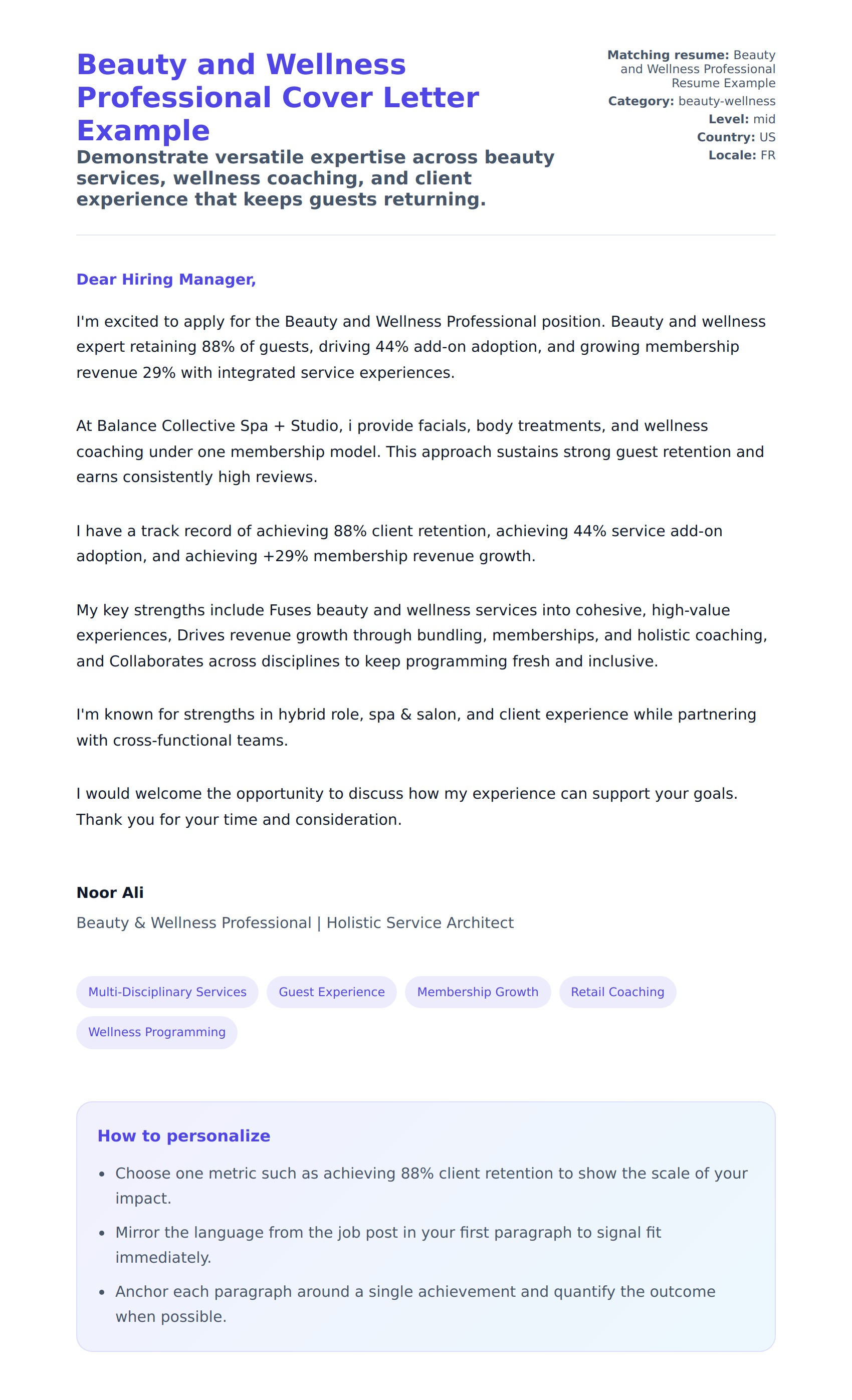Cover Letter preview for Beauty and Wellness Professional Cover Letter Example