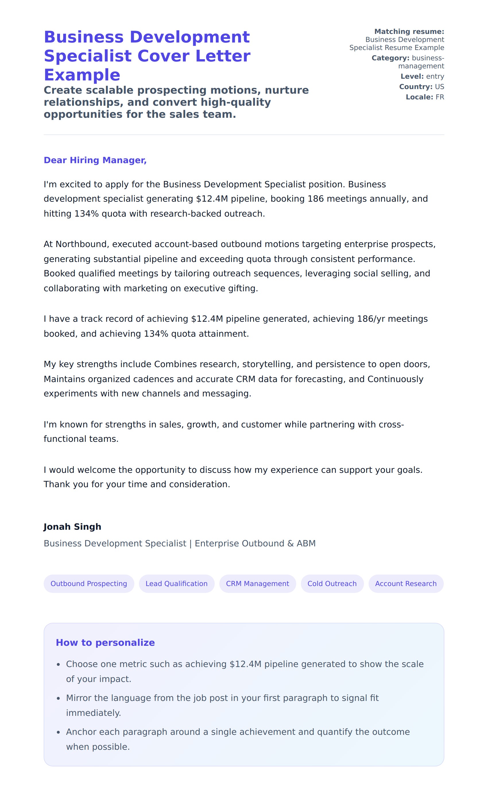 Cover Letter preview for Business Development Specialist Cover Letter Example