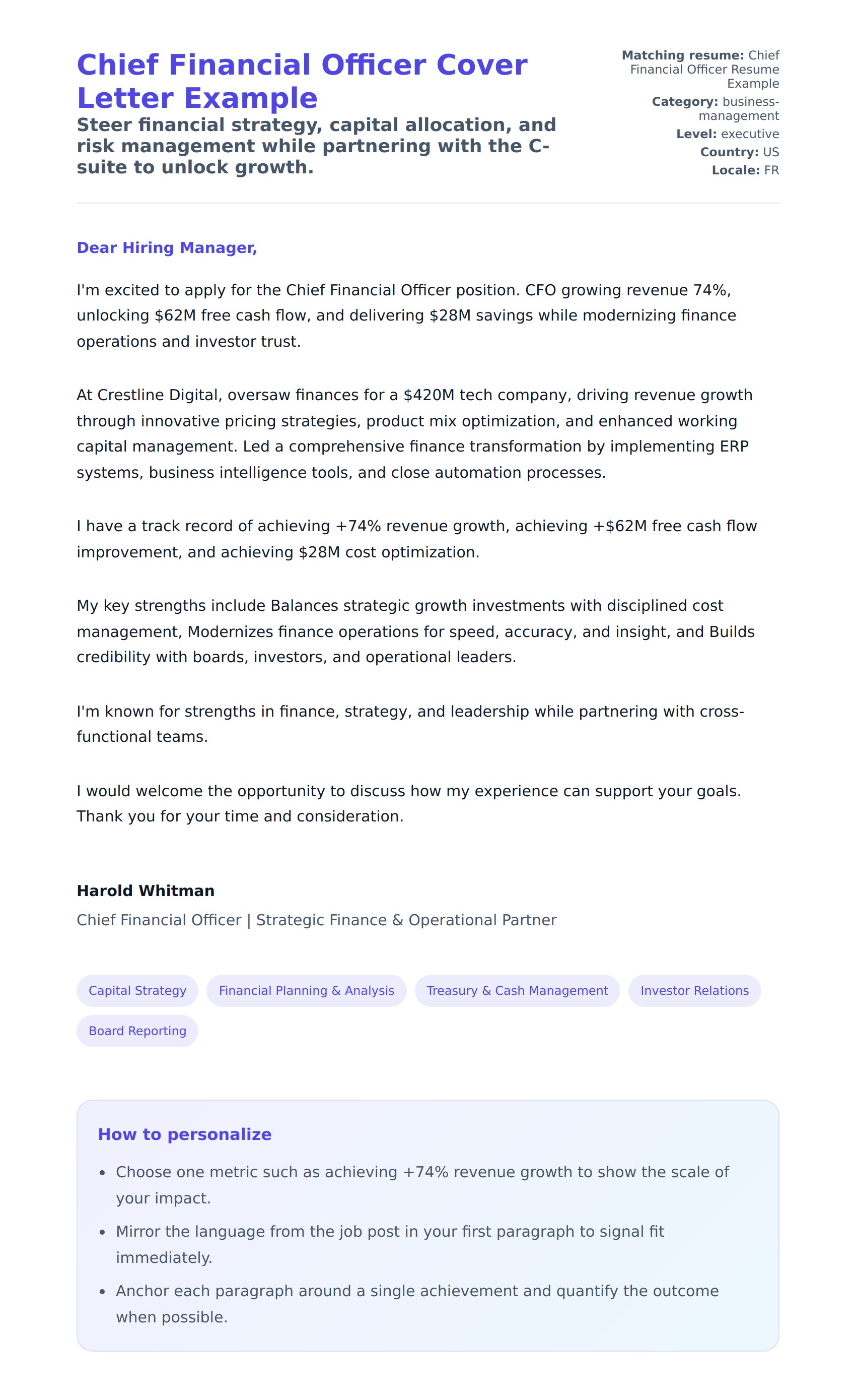 Cover Letter preview for Chief Financial Officer Cover Letter Example