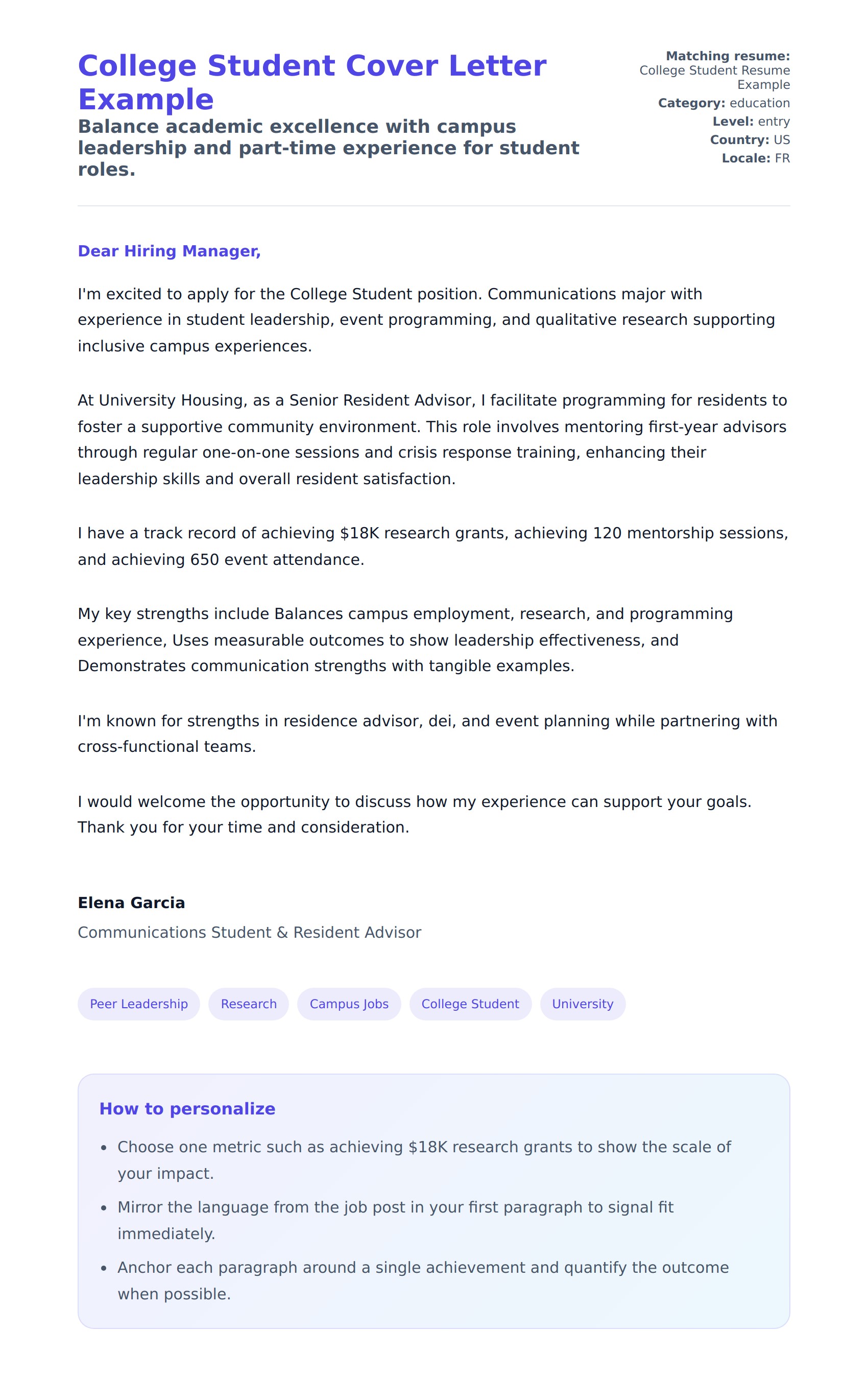 Cover Letter preview for College Student Cover Letter Example