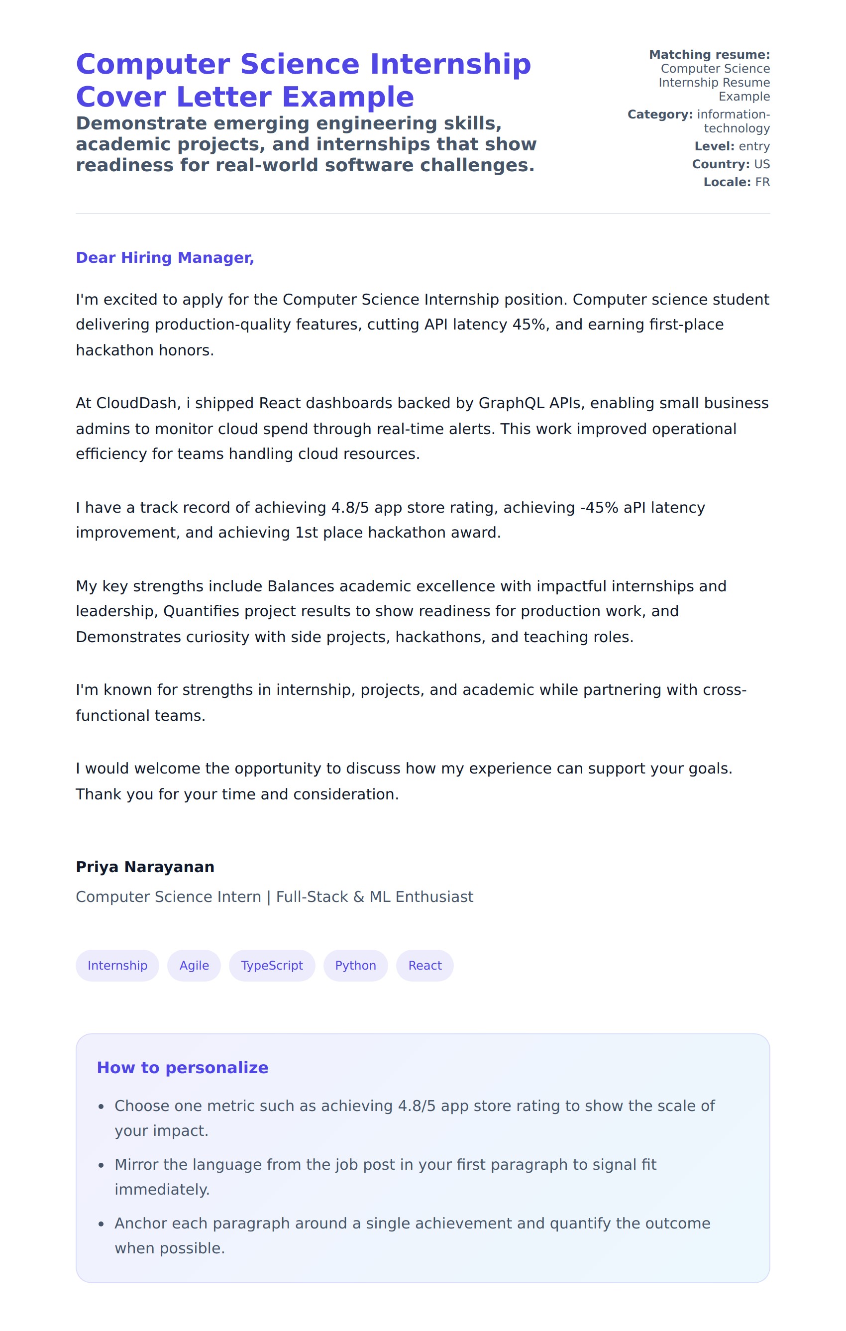 Cover Letter preview for Computer Science Internship Cover Letter Example