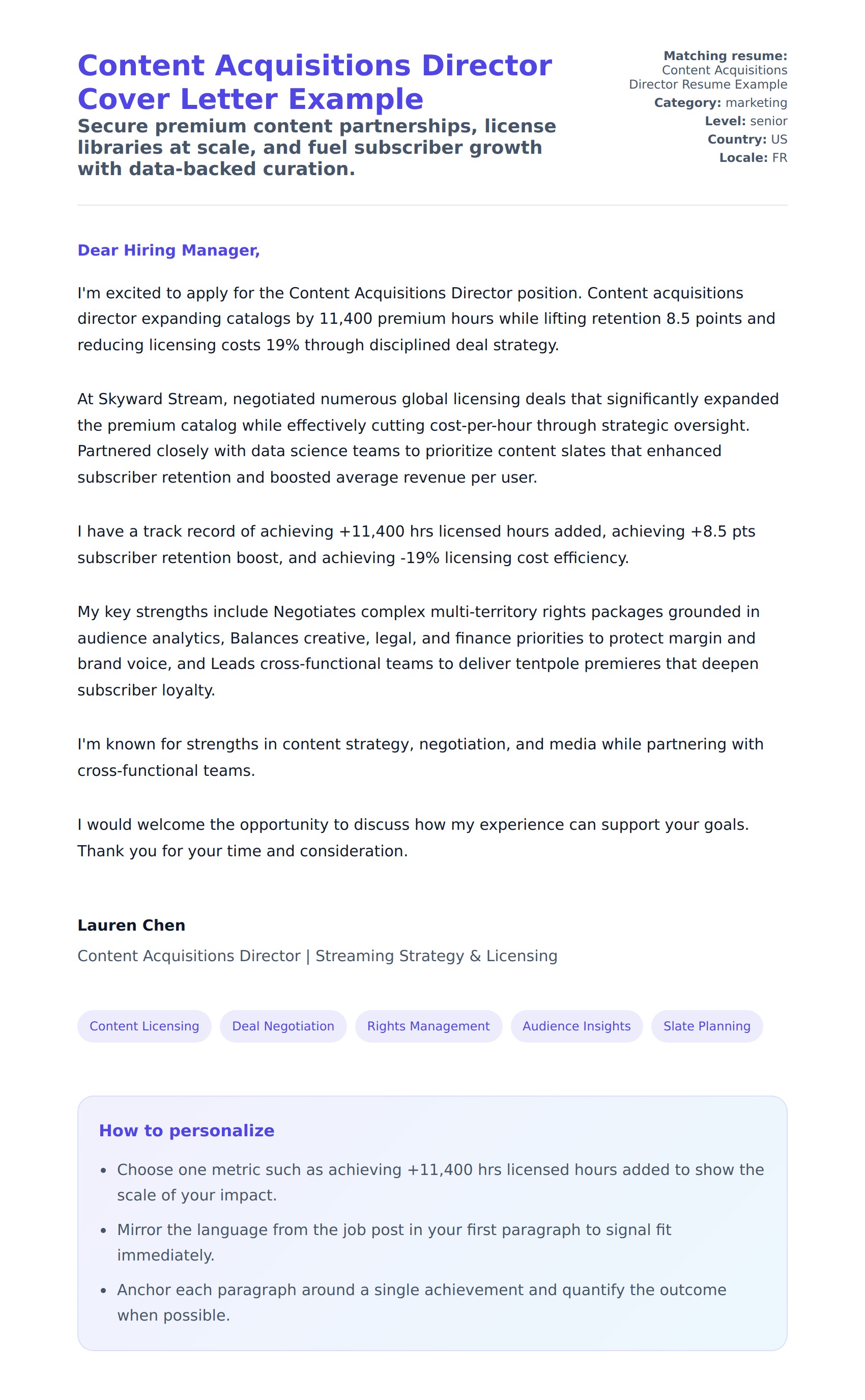 Cover Letter preview for Content Acquisitions Director Cover Letter Example