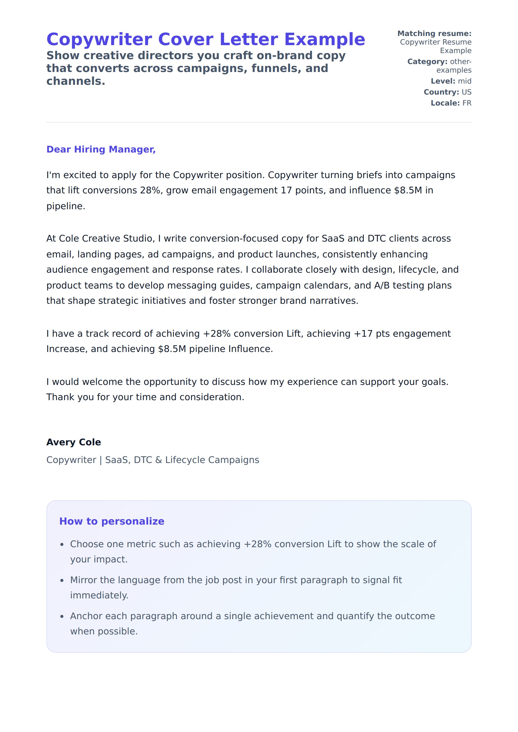 Cover Letter preview for Copywriter Cover Letter Example