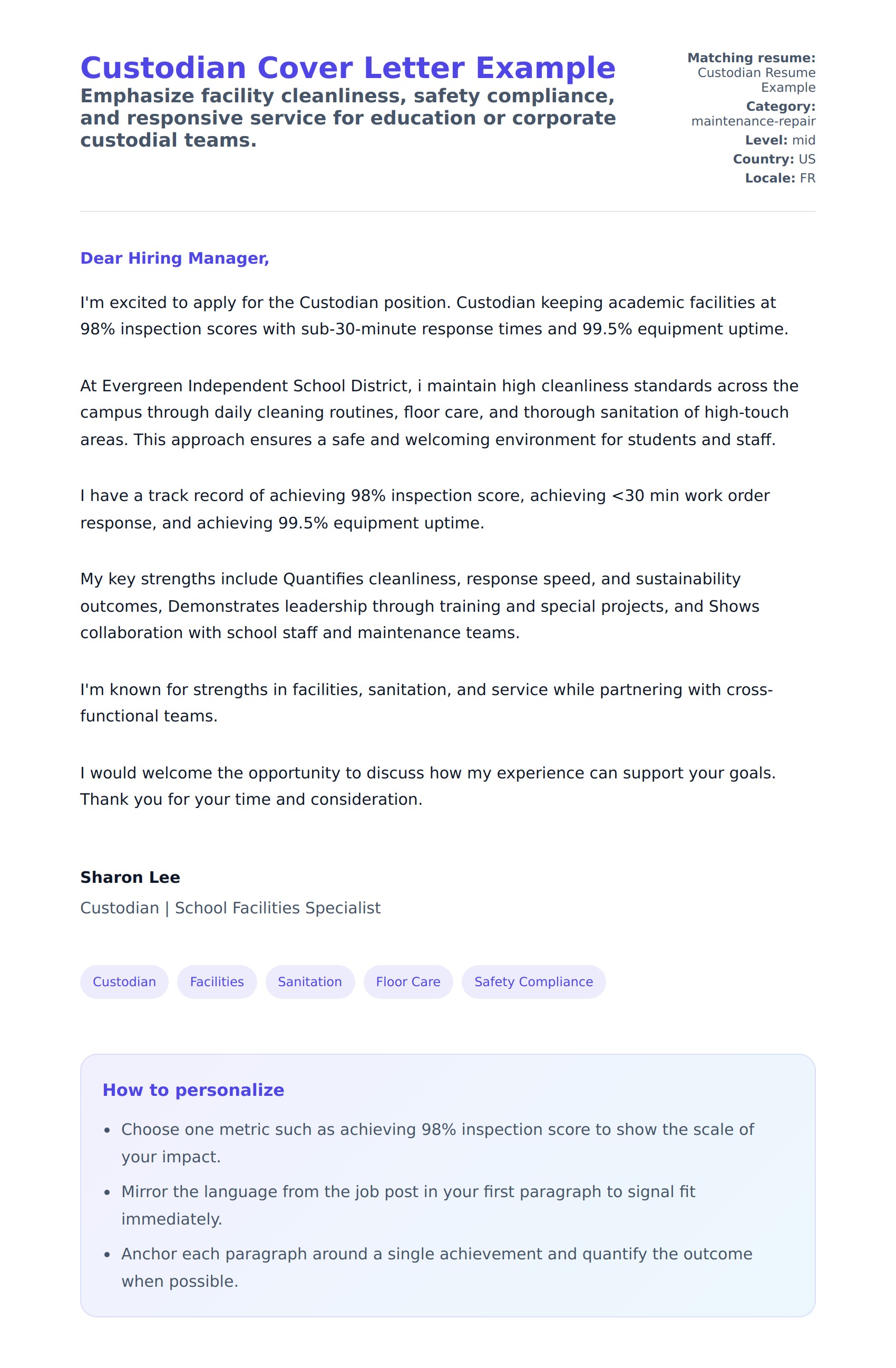 Cover Letter preview for Custodian Cover Letter Example