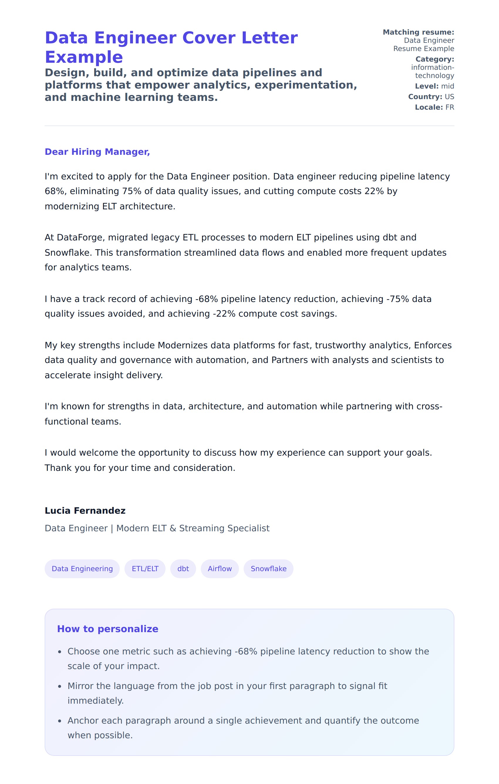 Cover Letter preview for Data Engineer Cover Letter Example