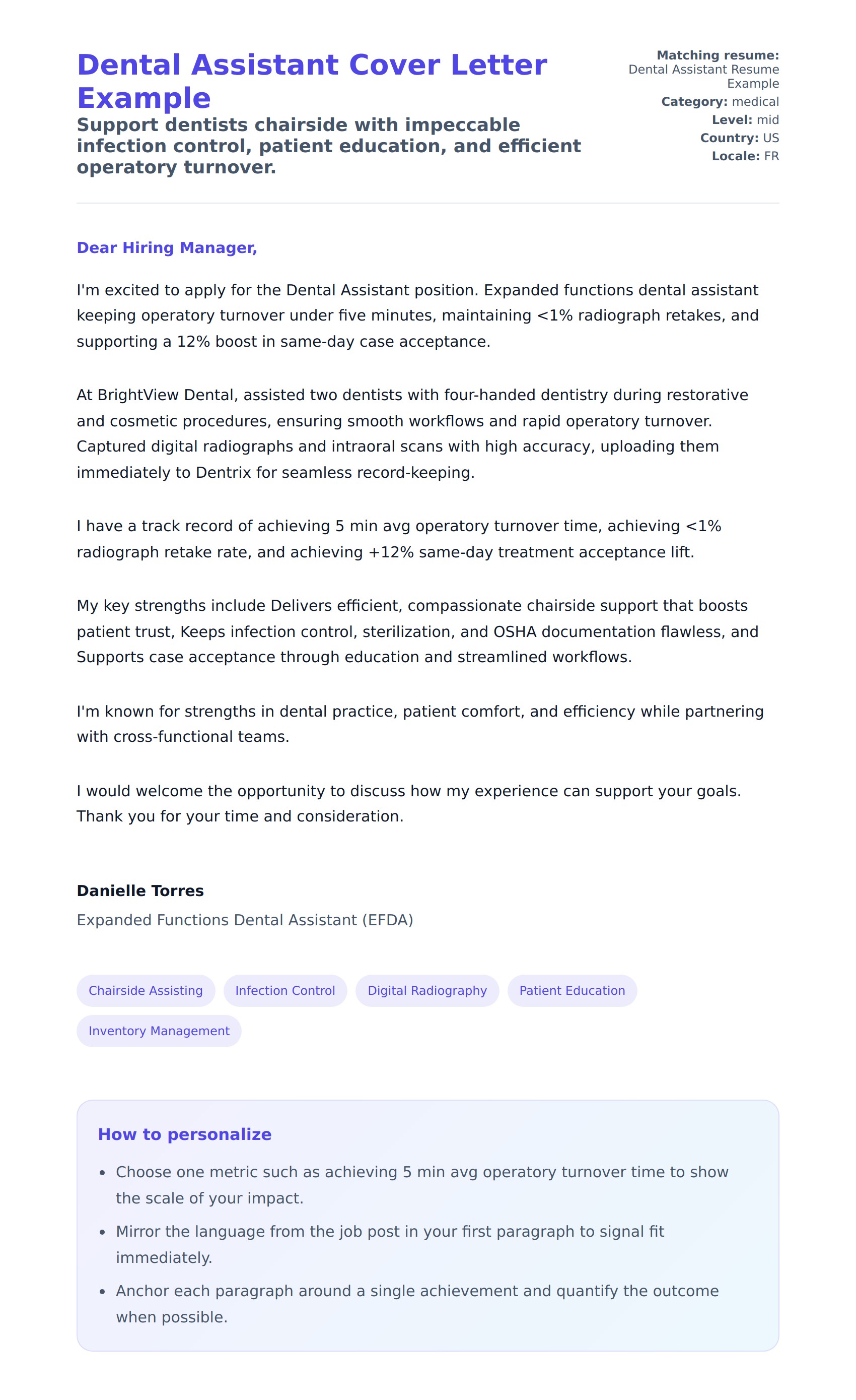Cover Letter preview for Dental Assistant Cover Letter Example