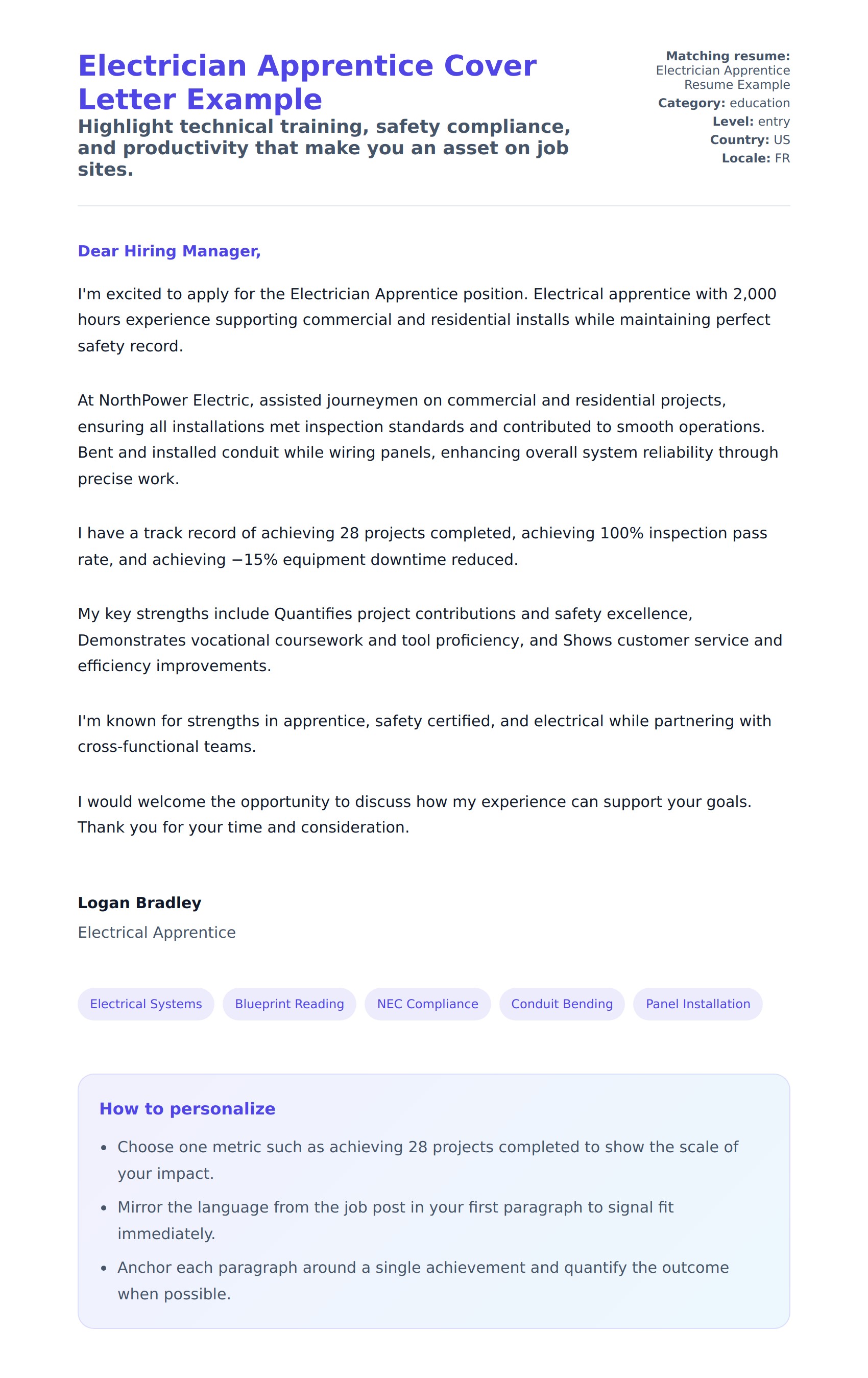 Cover Letter preview for Electrician Apprentice Cover Letter Example