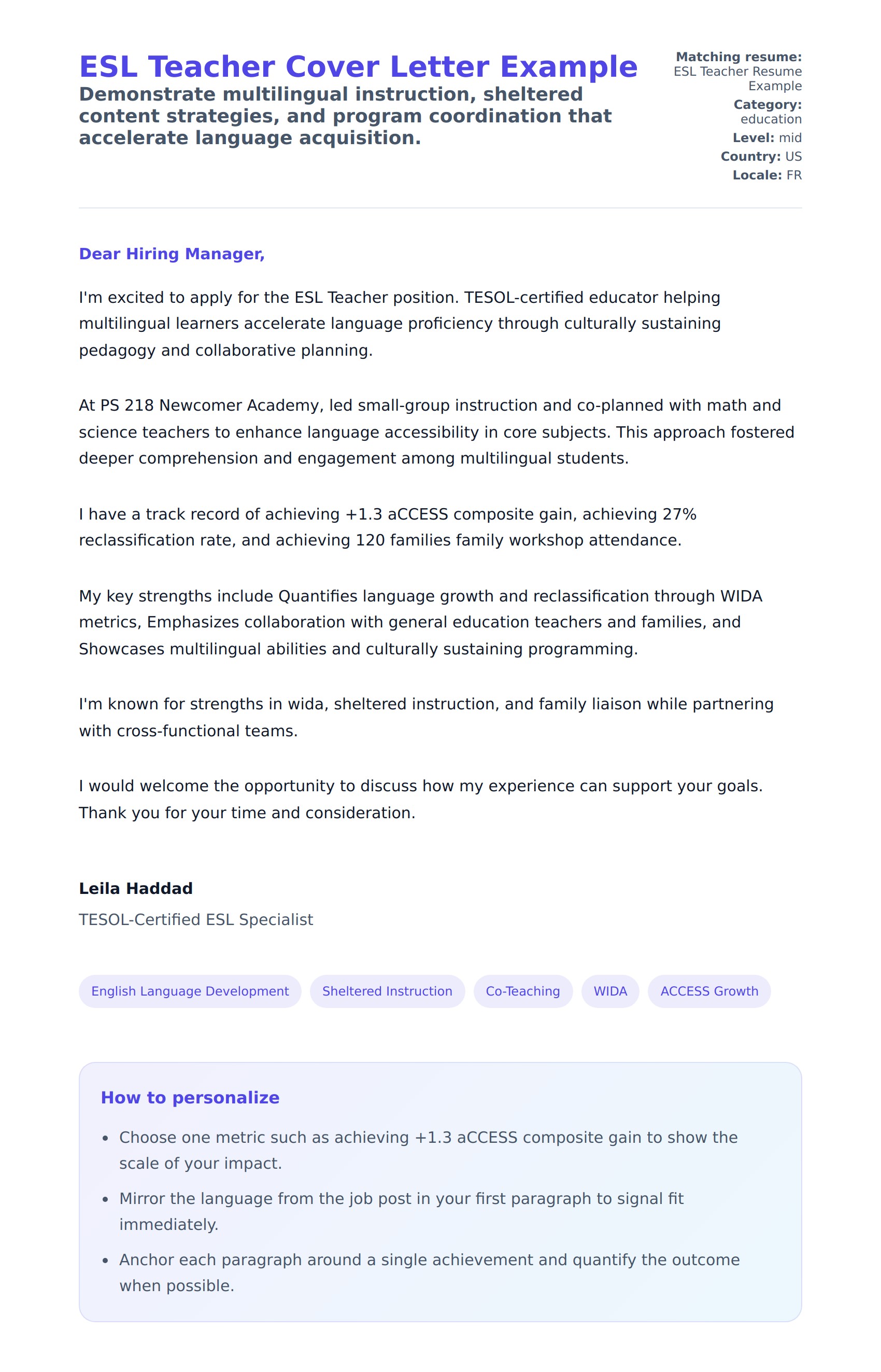Cover Letter preview for ESL Teacher Cover Letter Example