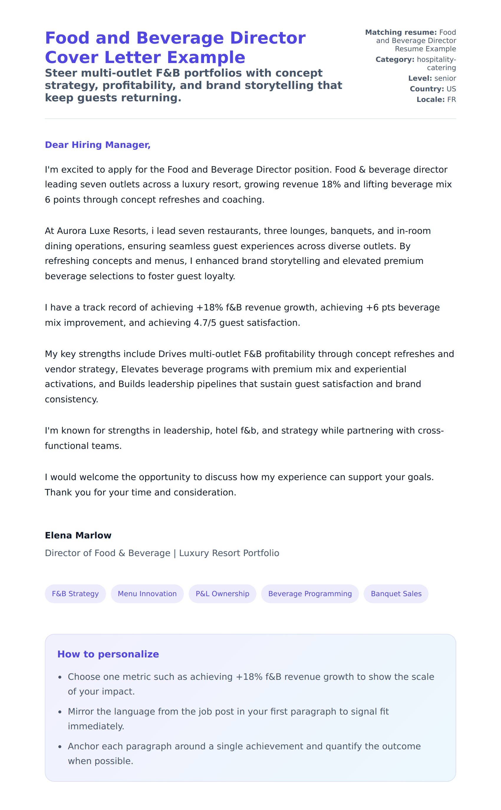 Cover Letter preview for Food and Beverage Director Cover Letter Example