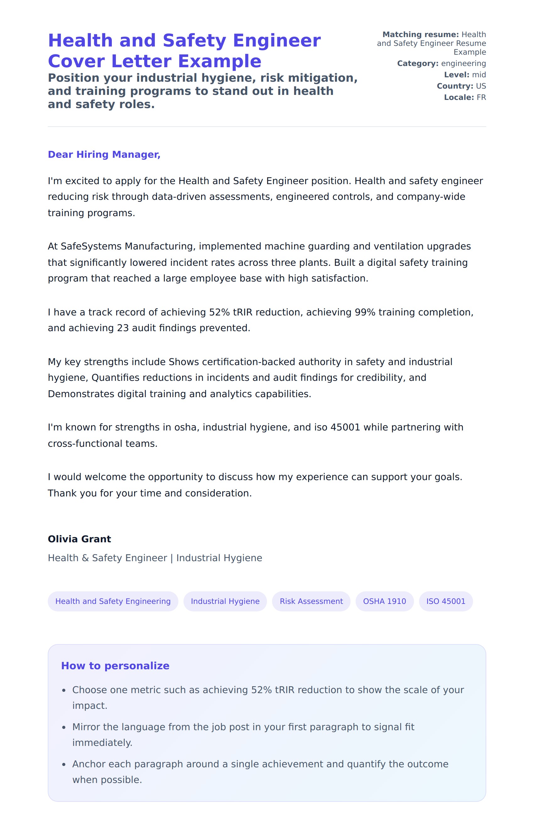 Cover Letter preview for Health and Safety Engineer Cover Letter Example