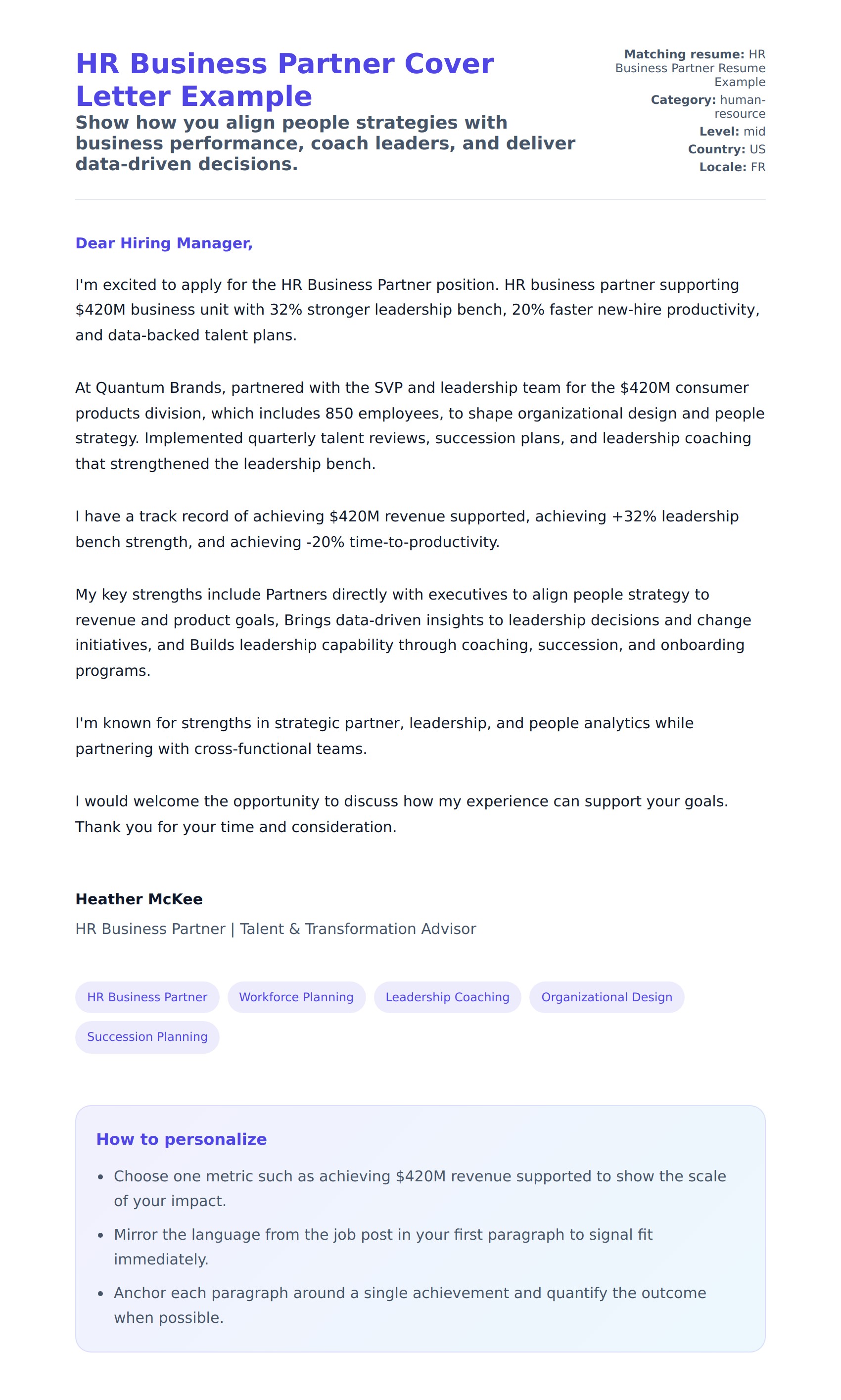 Cover Letter preview for HR Business Partner Cover Letter Example