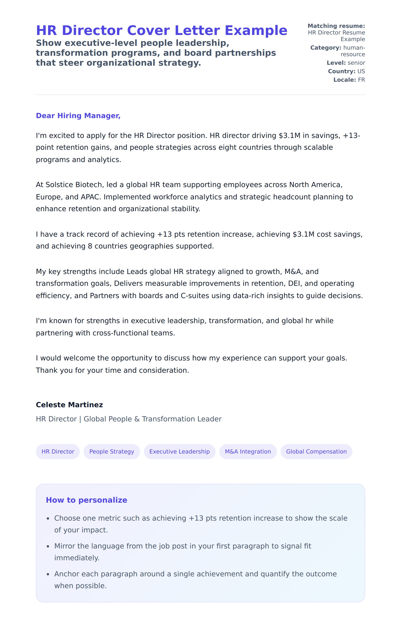 Cover Letter preview for HR Director Cover Letter Example