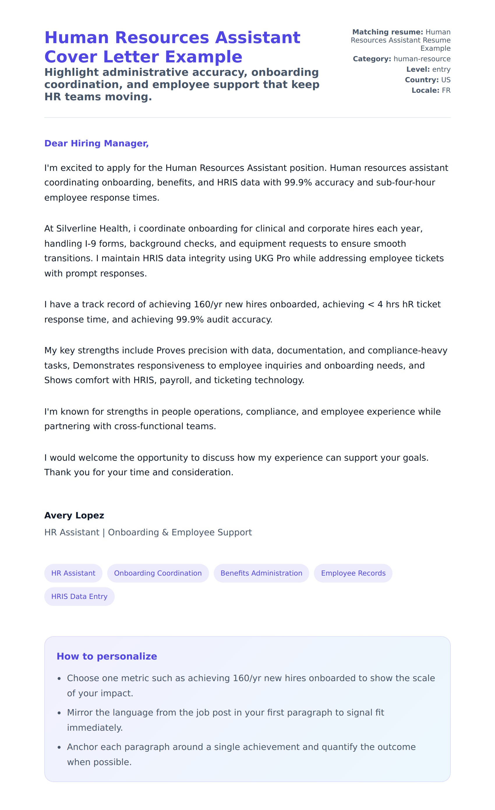 Cover Letter preview for Human Resources Assistant Cover Letter Example