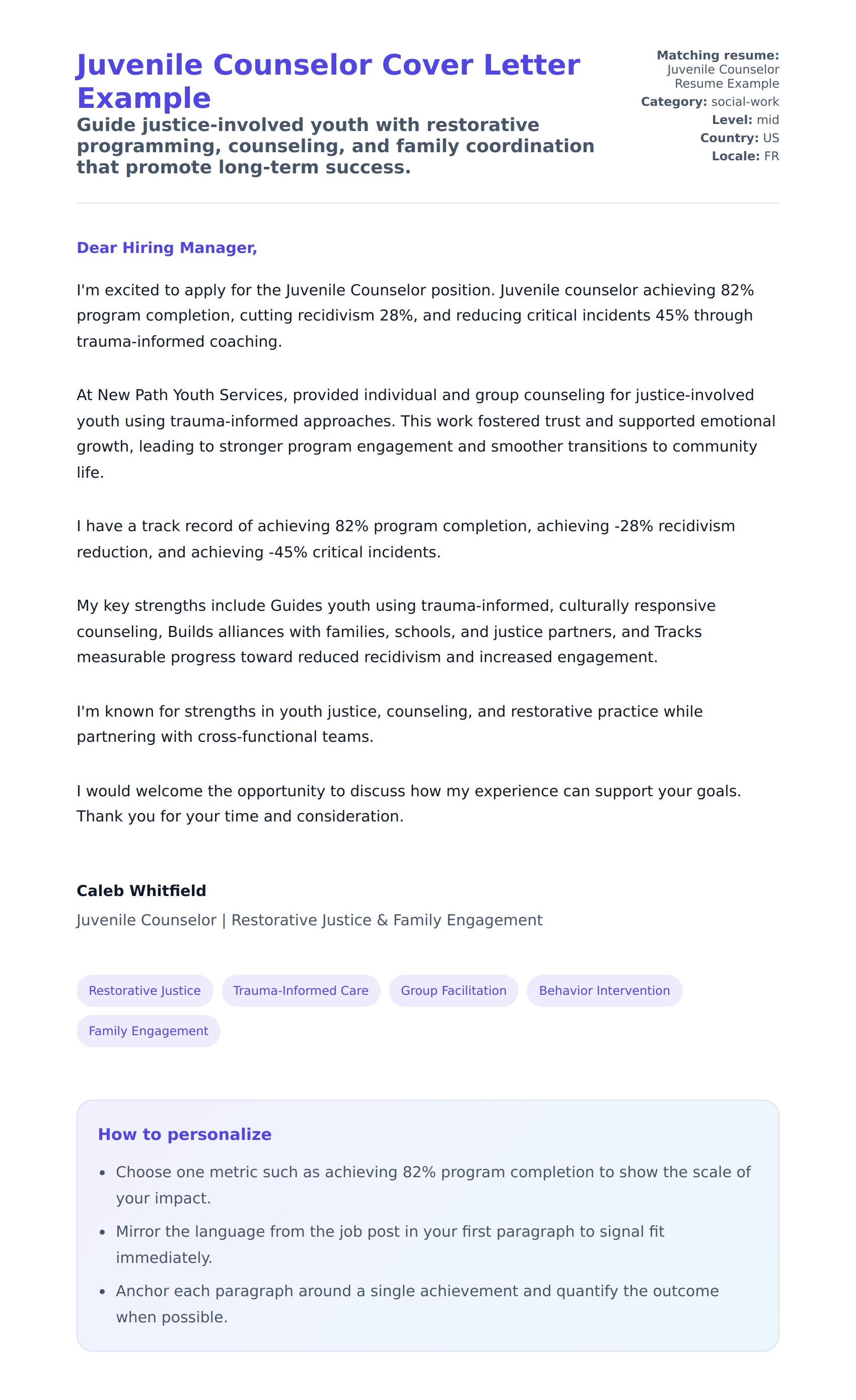 Cover Letter preview for Juvenile Counselor Cover Letter Example