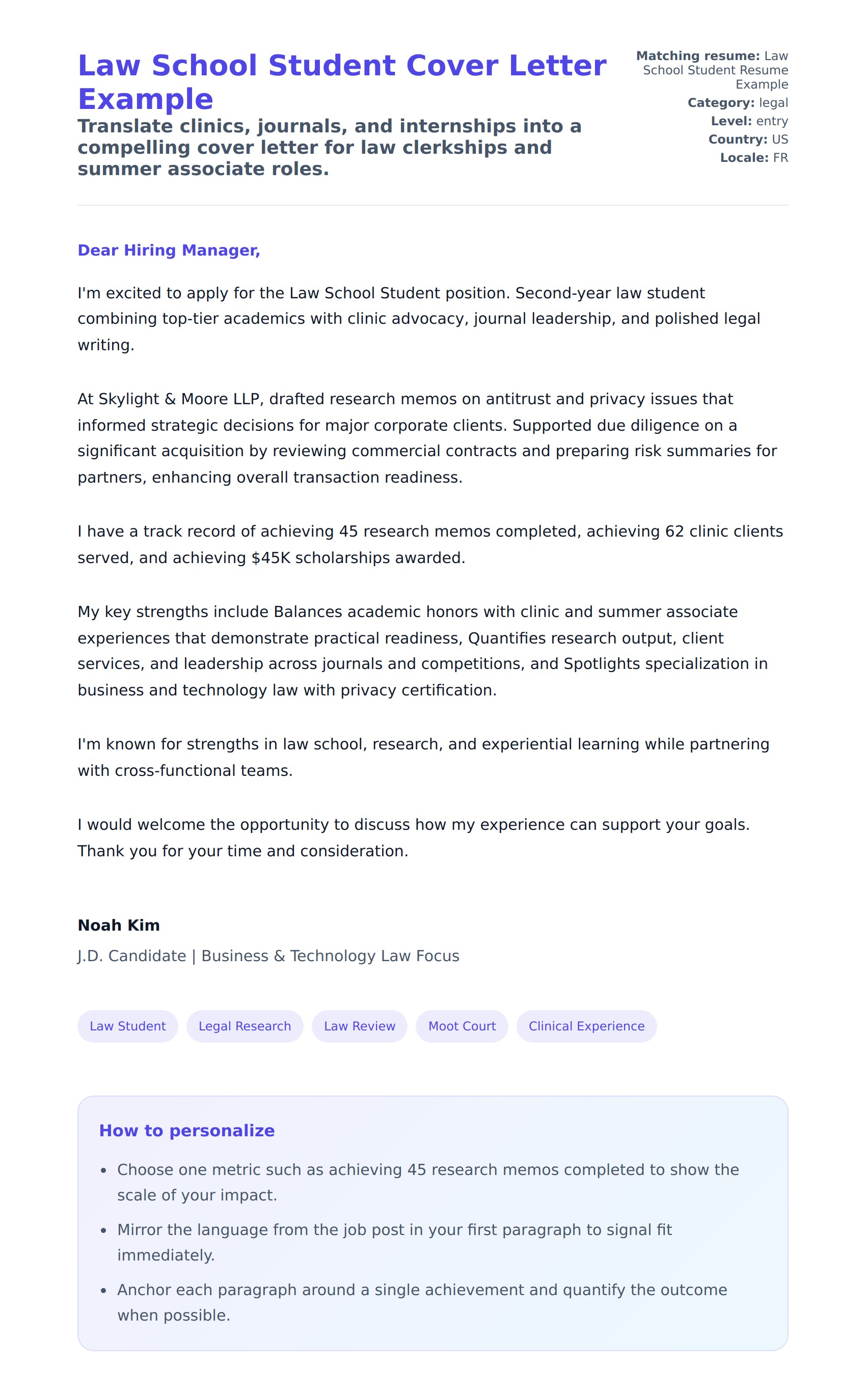 Cover Letter preview for Law School Student Cover Letter Example